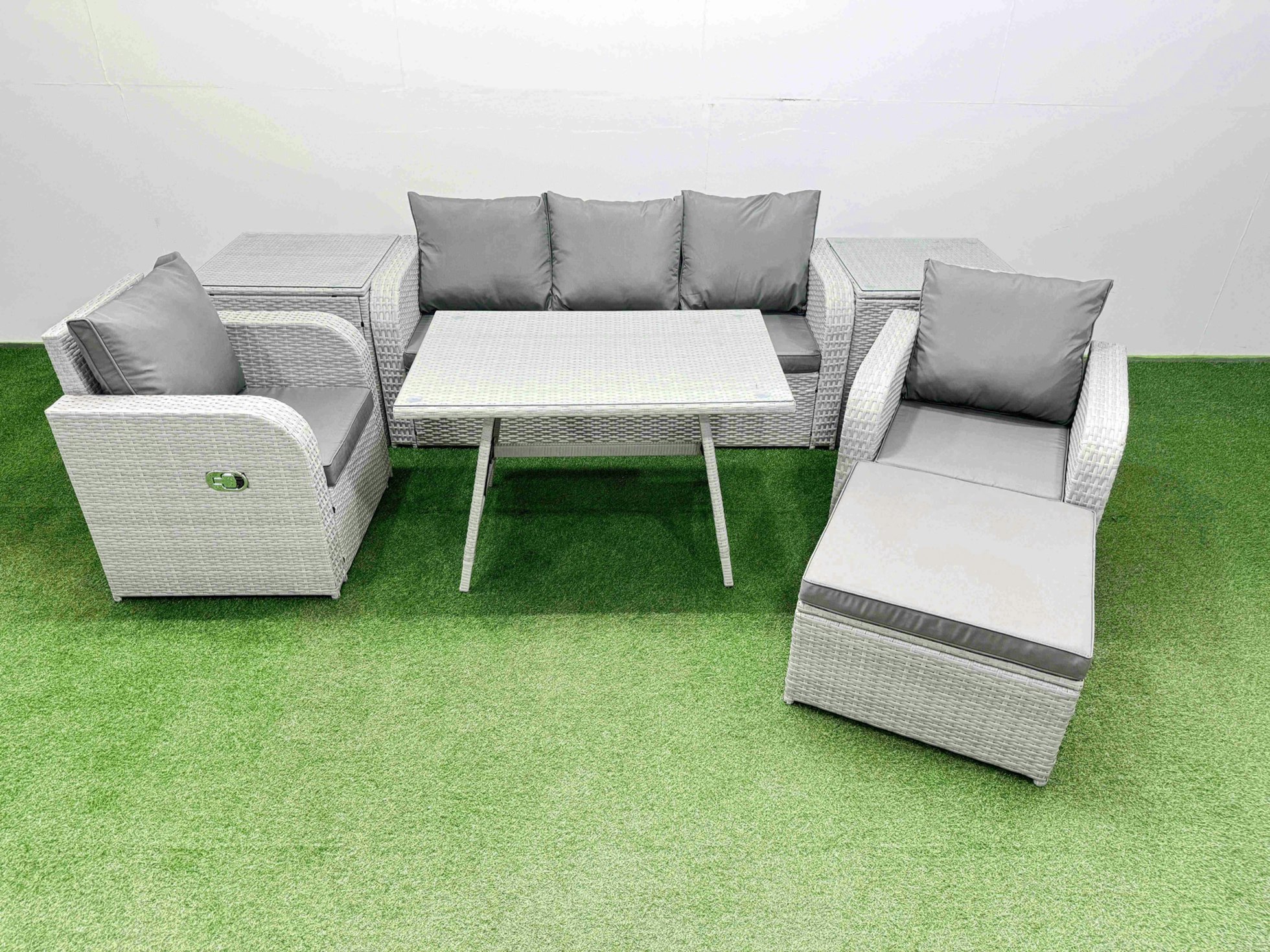 Rackhams Light/Grey Reclining Chair 3 Seat Sofa Set Garden Furniture Set With Rectangular Dining Table 2 Side Tables Big Footstool