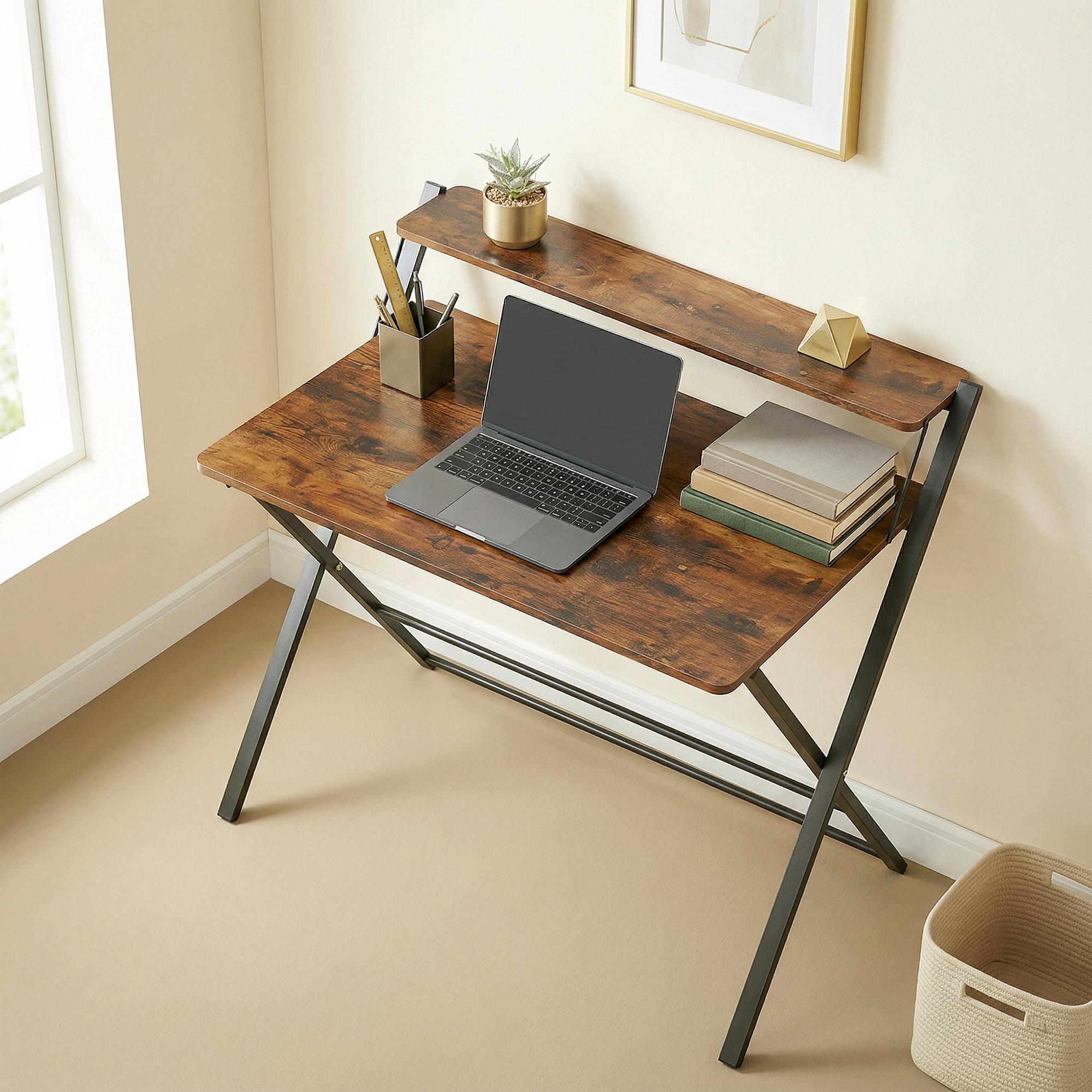 Rackhams Brown Folding Desk With 2-Tier Shelf For Home Office - Rustic