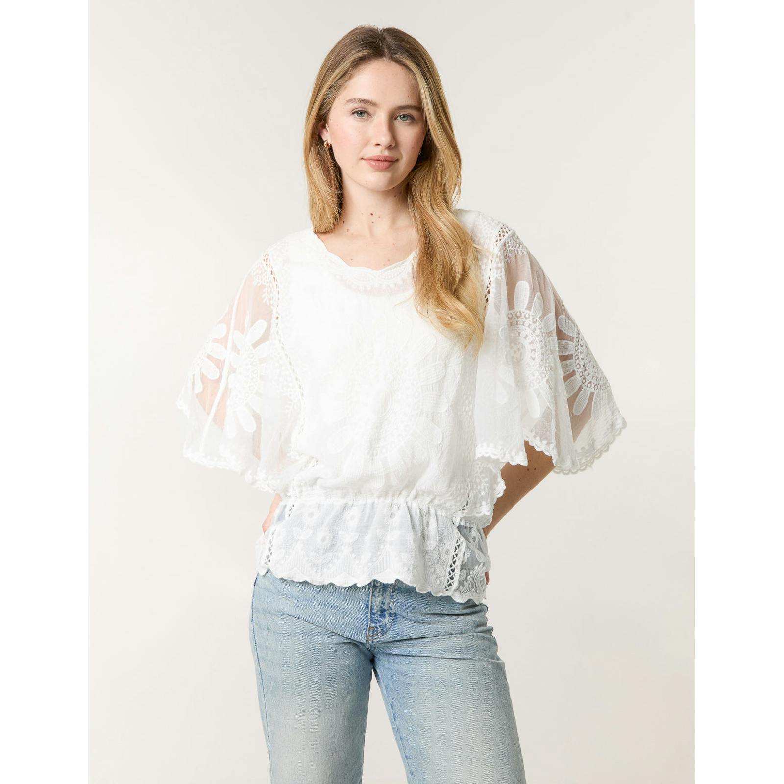 Blue Vanilla Blue/Ivory Vanilla Sun Flower Lace Sleeve Blouse - M-L