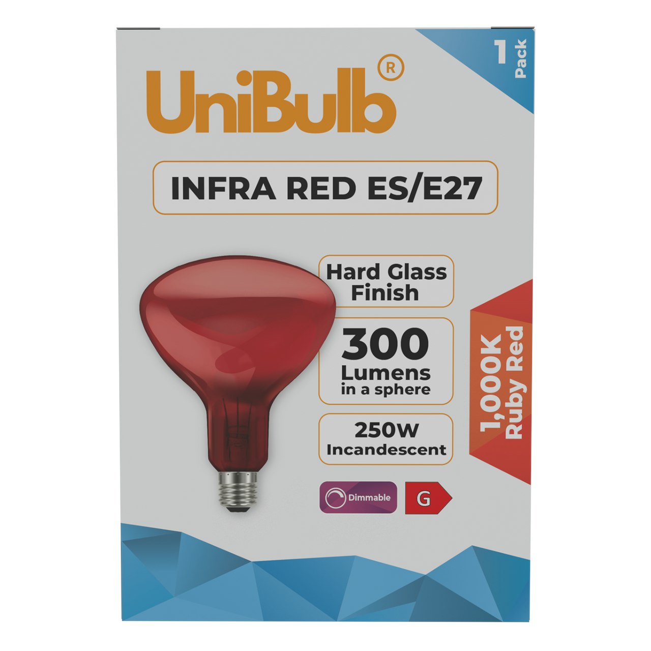 Unibulb Red Infra- Ruby Heater Lamp Bulb E27 300Lm 250W 2000K - Pack Of 1