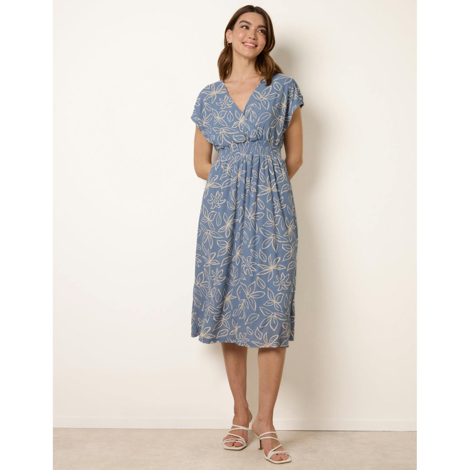 Blue Vanilla Floral Wrap Front Elasticated Waist Midi Dress - M-L