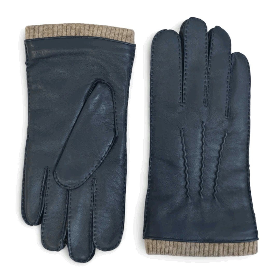 Infinity Leather Men's Light ’S Genuine Leather Wool Lined Ribbed Knit Cuff Gloves - Navy - 2XL