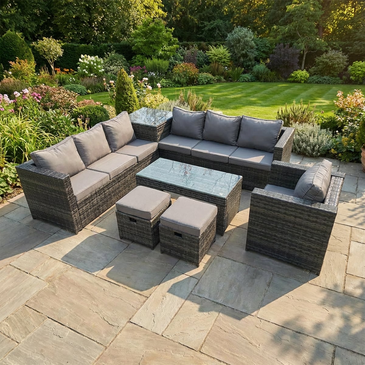 Rackhams Dark/Grey 9 Seater Rattan Corner Sofa Set With Square Side Table And Rectangular Coffee Table, Arm Chair & 2 Stools - Mixed
