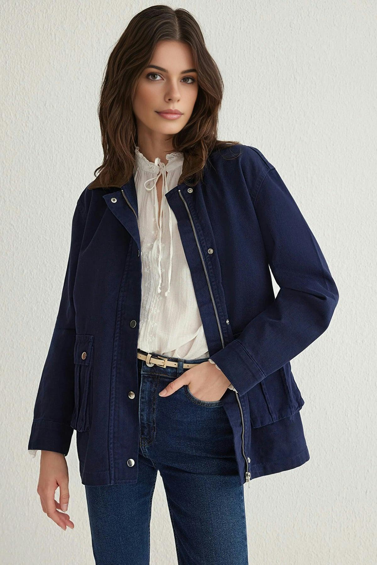 Wovcor Contrast Suede Collar Oversize Denim Shirt Jacket - Navy - L