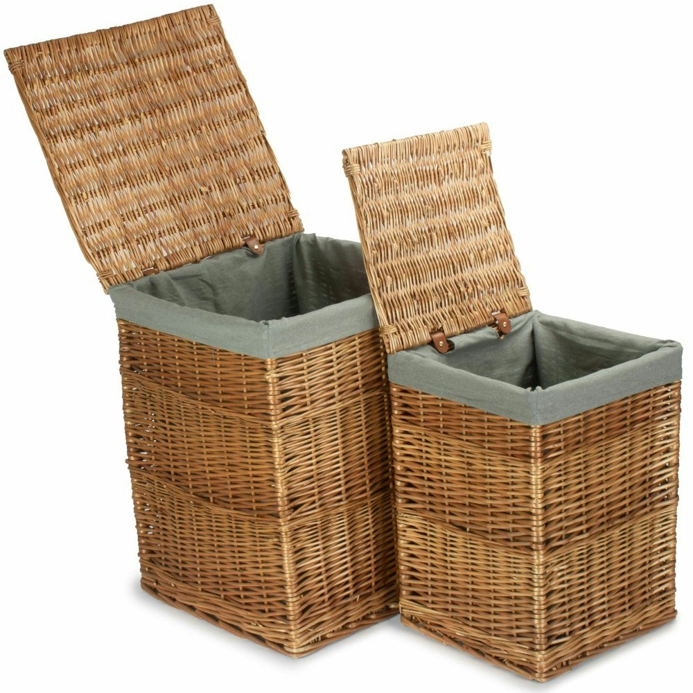 Rackhams Light/Grey Set Of 2 Steamed Wicker Square Laundry Basket With Sage Lining