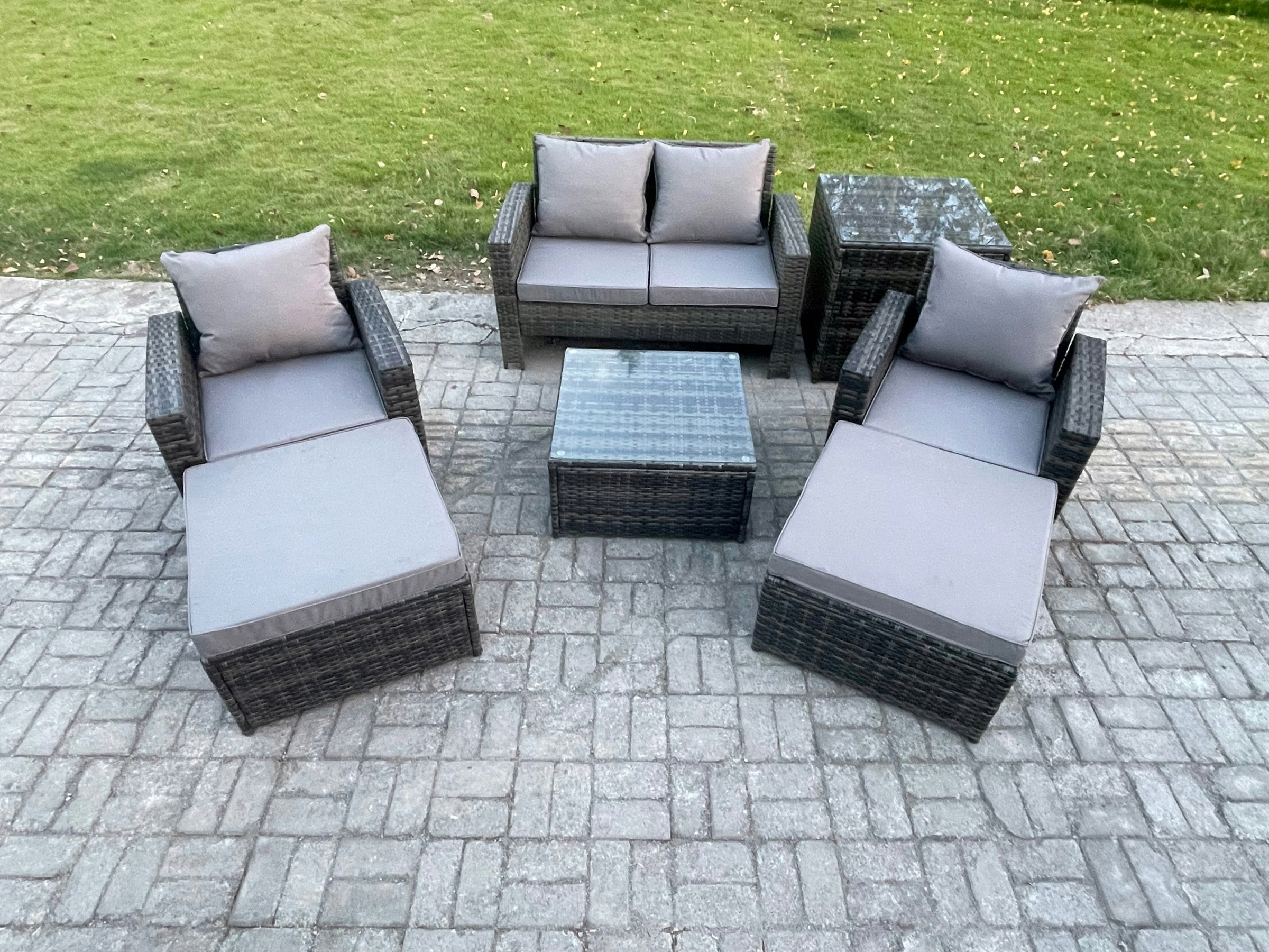 Rackhams Dark/Grey Rattan Wicker Garden Furniture Patio Conservatory Sofa Set With Square Coffee Table Armchair 2 Seater Sofa 2 Big Footstool Side Table
