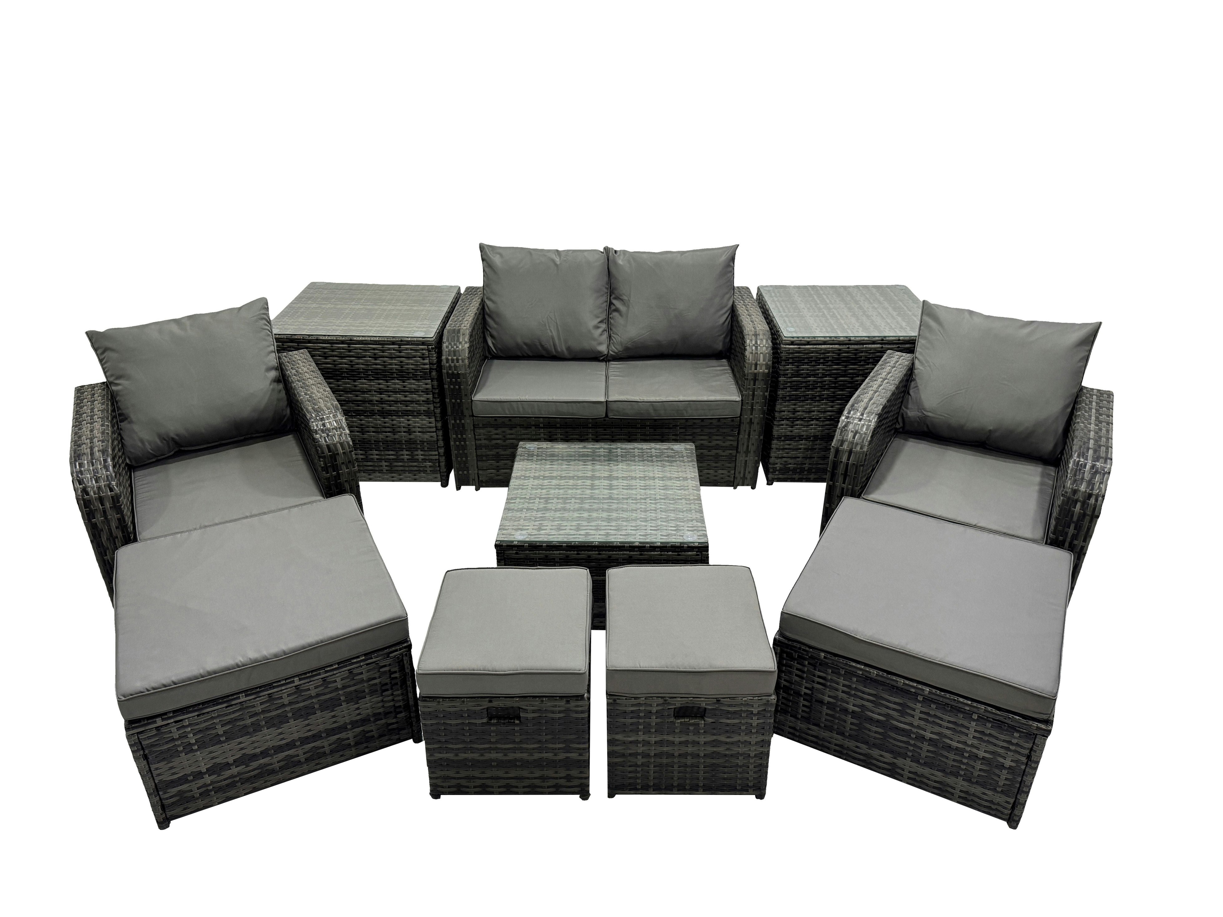 Rackhams Dark/Grey Rattan Garden Outdoor Furniture Set Love Sofa Square Coffee Table Set With 4 Stools 2 Side Table Mixed