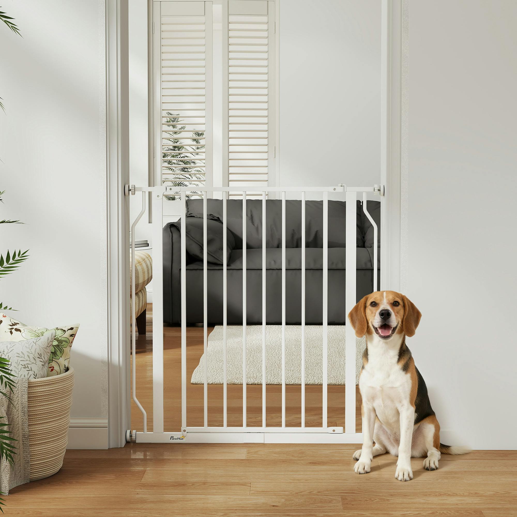 Pawhut White Dog Gate Wide Stair Gate W/ Door Pressure Fit - 85 X 1.5 X 76 Cm New Version