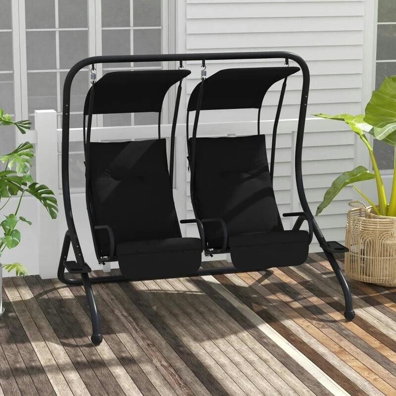 Outsunny Unisex Black Canopy Swing 2 Separate Relax Chairs W/ Handrails, Cup Holders In | : Size 2 Seater - Image 8