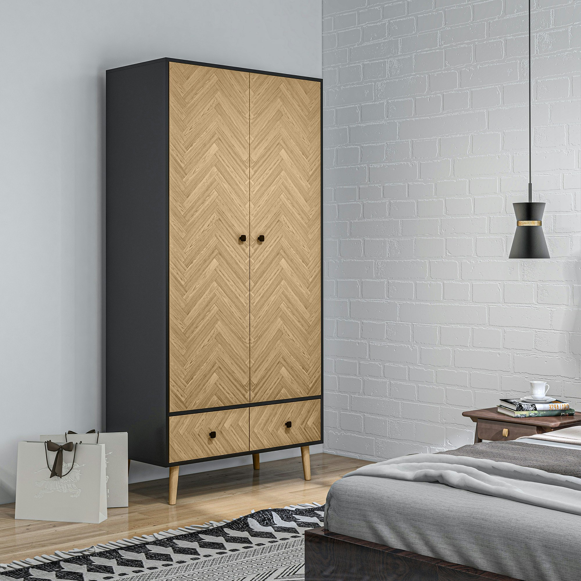 Homcom Modern Wardrobe Cabinet With Shelf, Hanging Rod And 2 Drawers 90X50x190cm