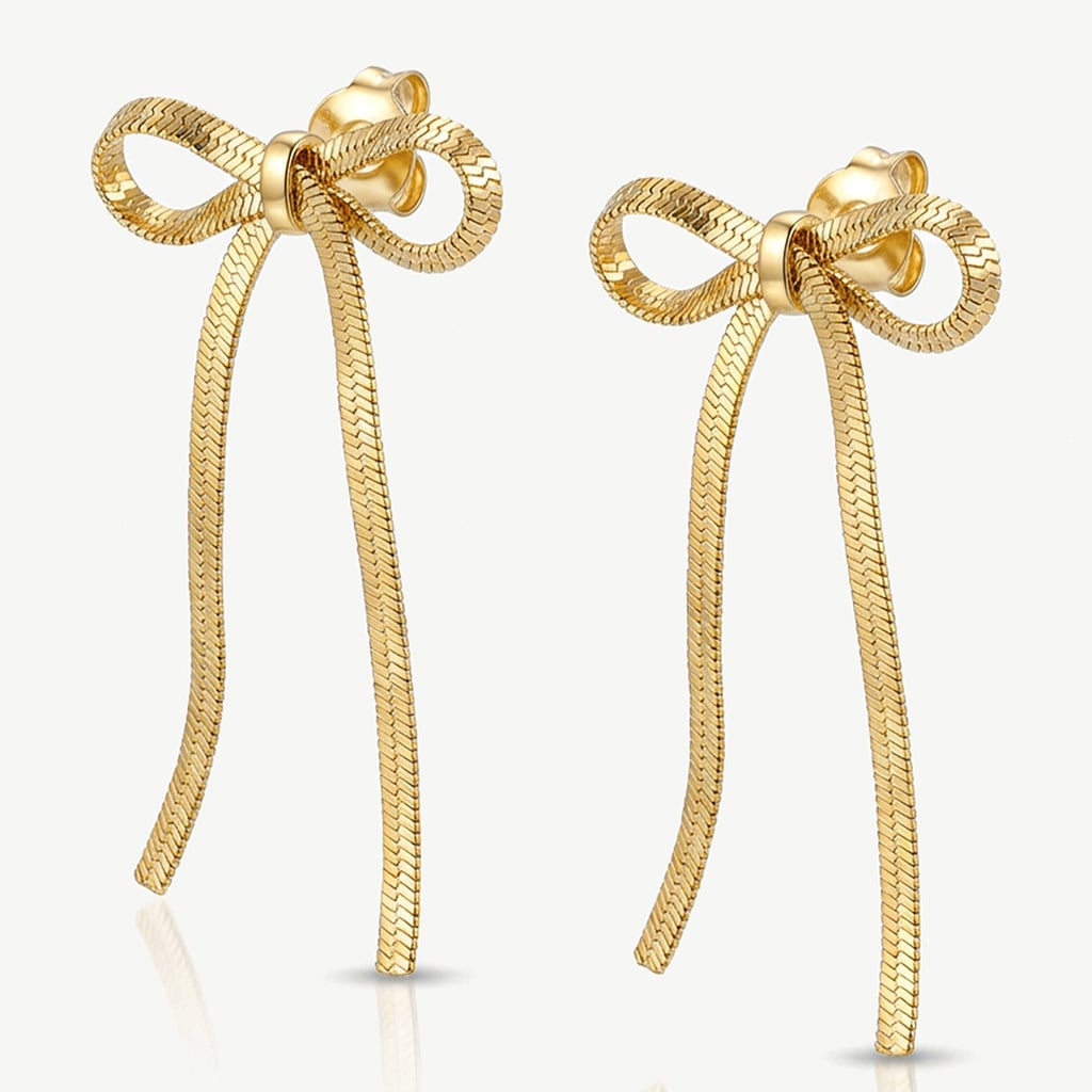 Muchv Gold Bow Stud Earrings With Herringbone Chain