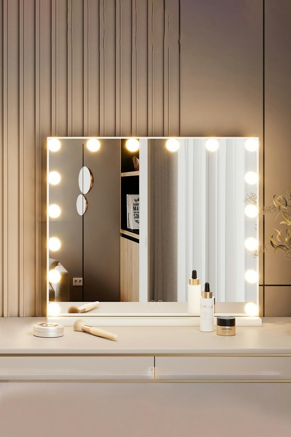 Living And Home White 3 Lighting Modes & Touch Screen Control Hollywood Vanity Mirror Tabletop Cosmetic Mirror For Bedroom - Natural