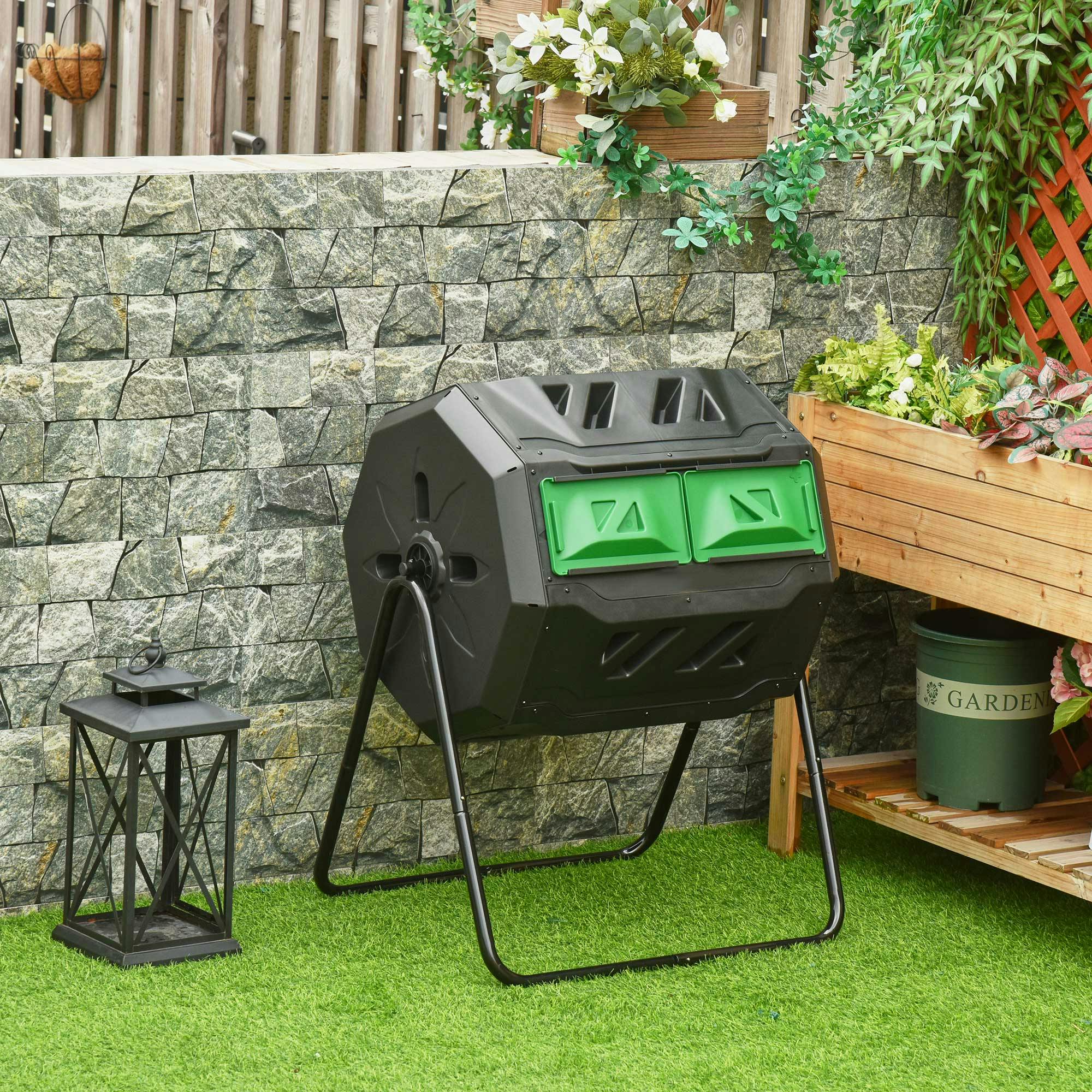 Outsunny Tumbling Compost Bin Outdoor Dual Chamber - Black - Image 3