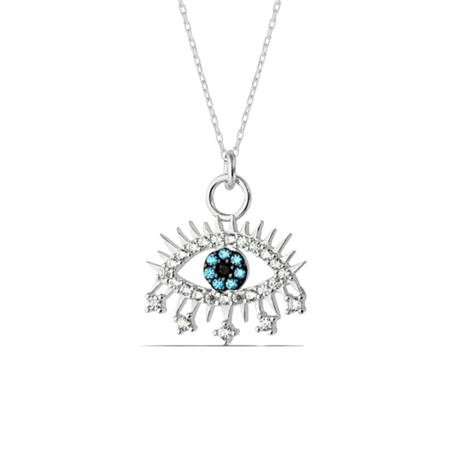 Spero London Blue/Silver Evil Eye Earring Eye Eyelash Sterling Pendant Necklace
