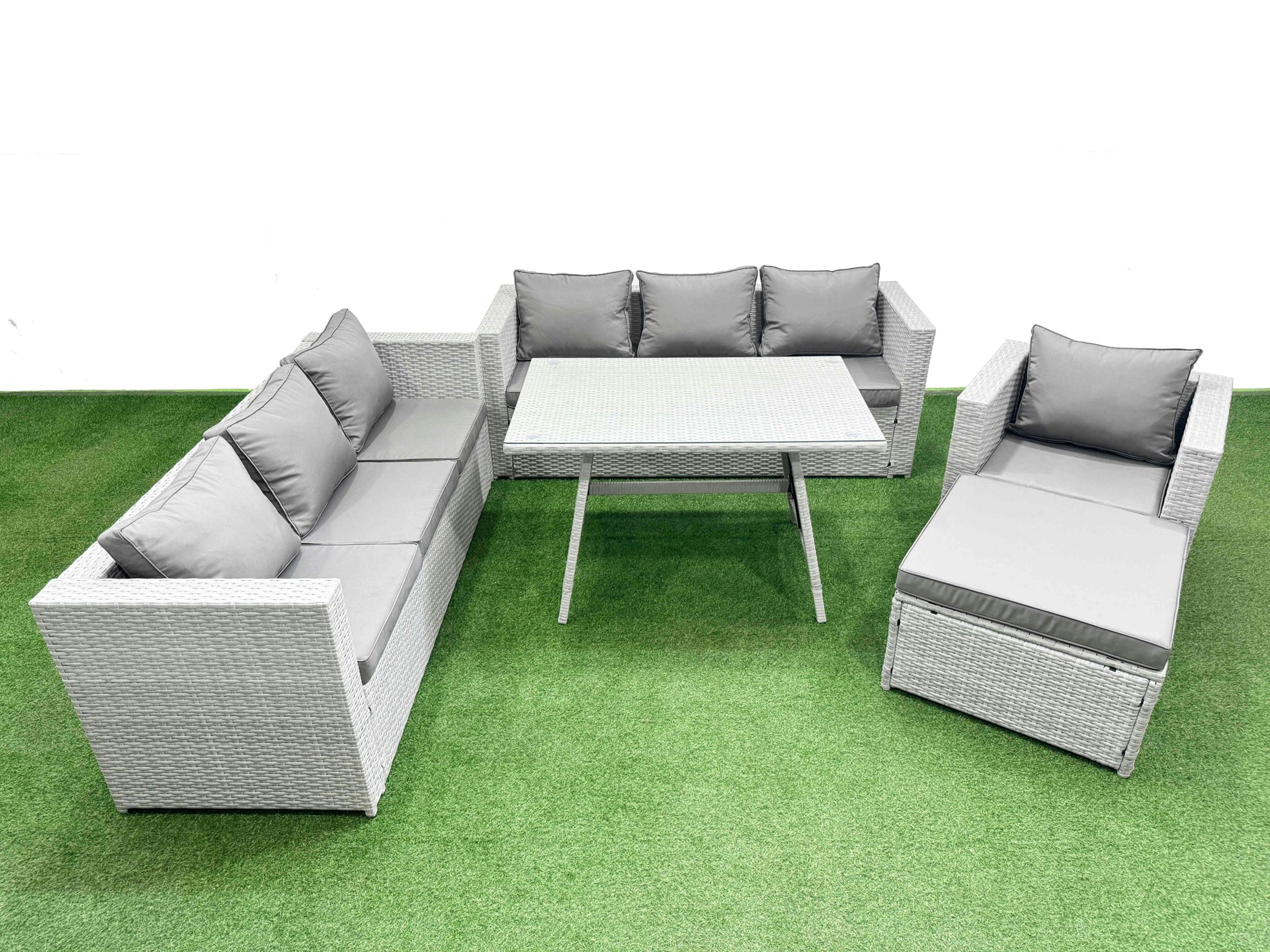 Fimous Outdoor Rattan Garden Furniture Dining Set 8 Seater Patio Rectangular Table 3 Seater Sofa Armchair Set With Big Stool