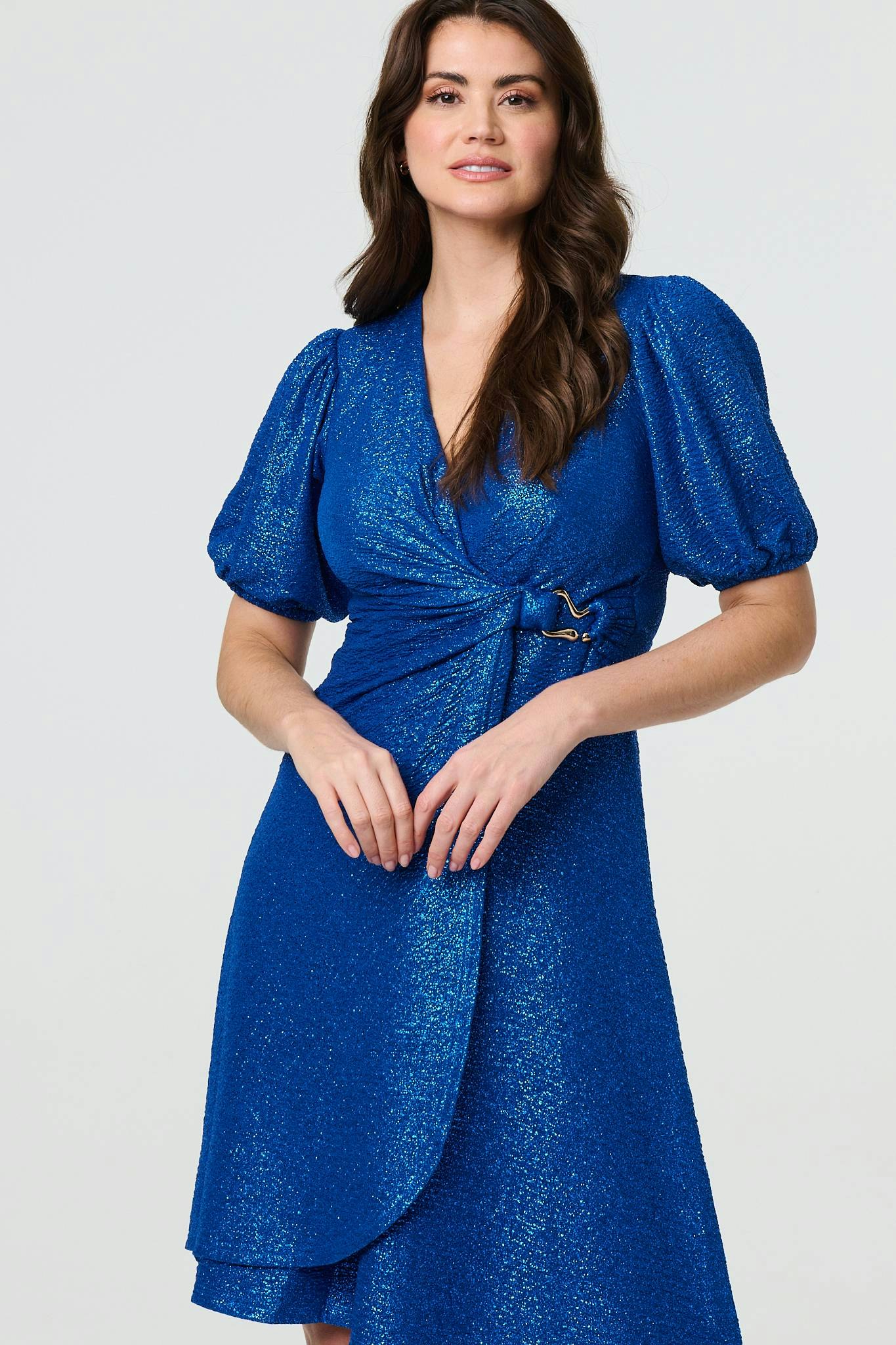 Izabel London Blue Sparkly Short Sleeve Belted Wrap Dress - 8