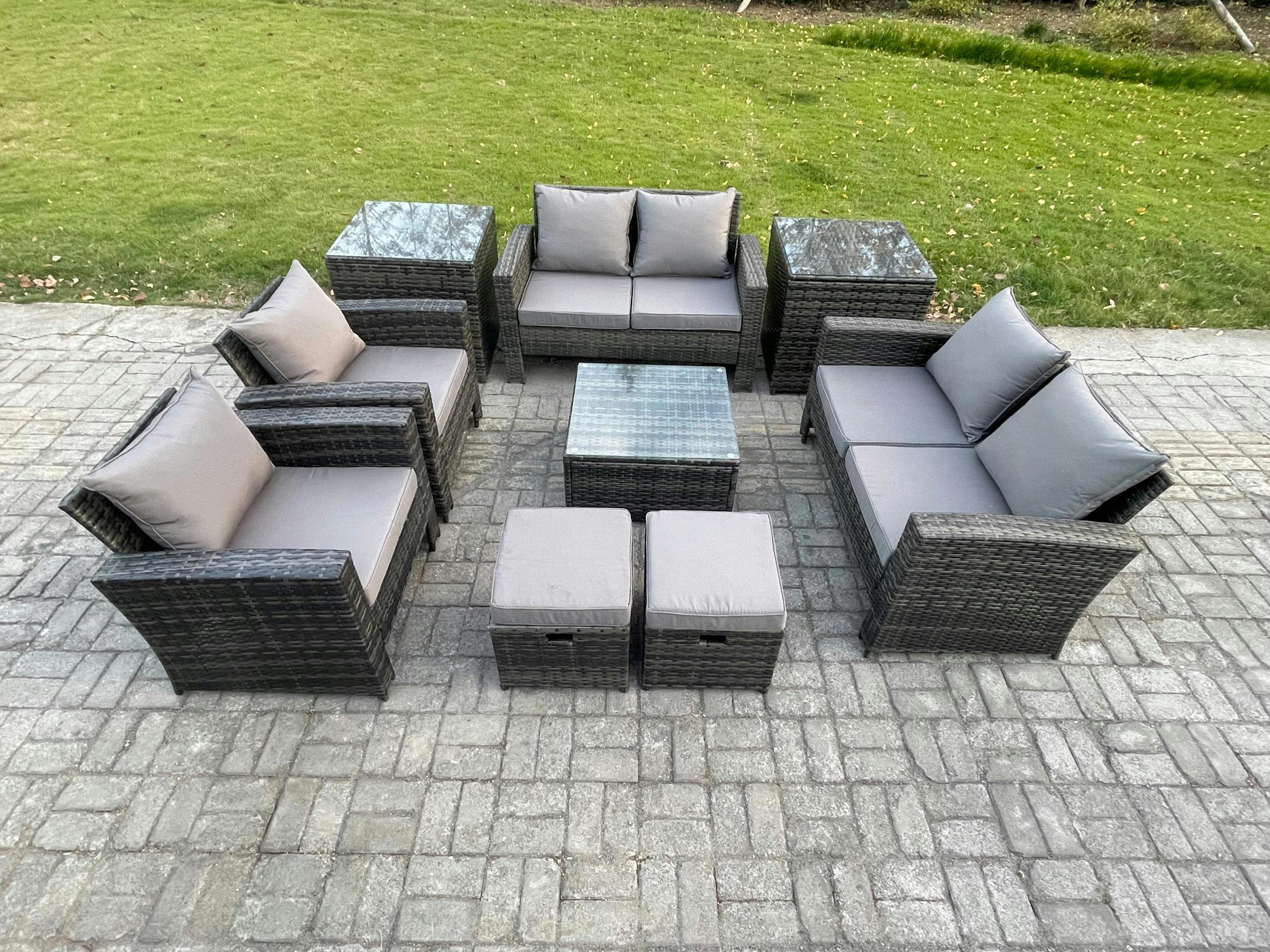 Rackhams Dark/Grey 9 Pieces Outdoor Set, Wicker Rattan, Manual Patio Sofa Conversation, 2 Small Footstools And 2 Side Tables, Mixed