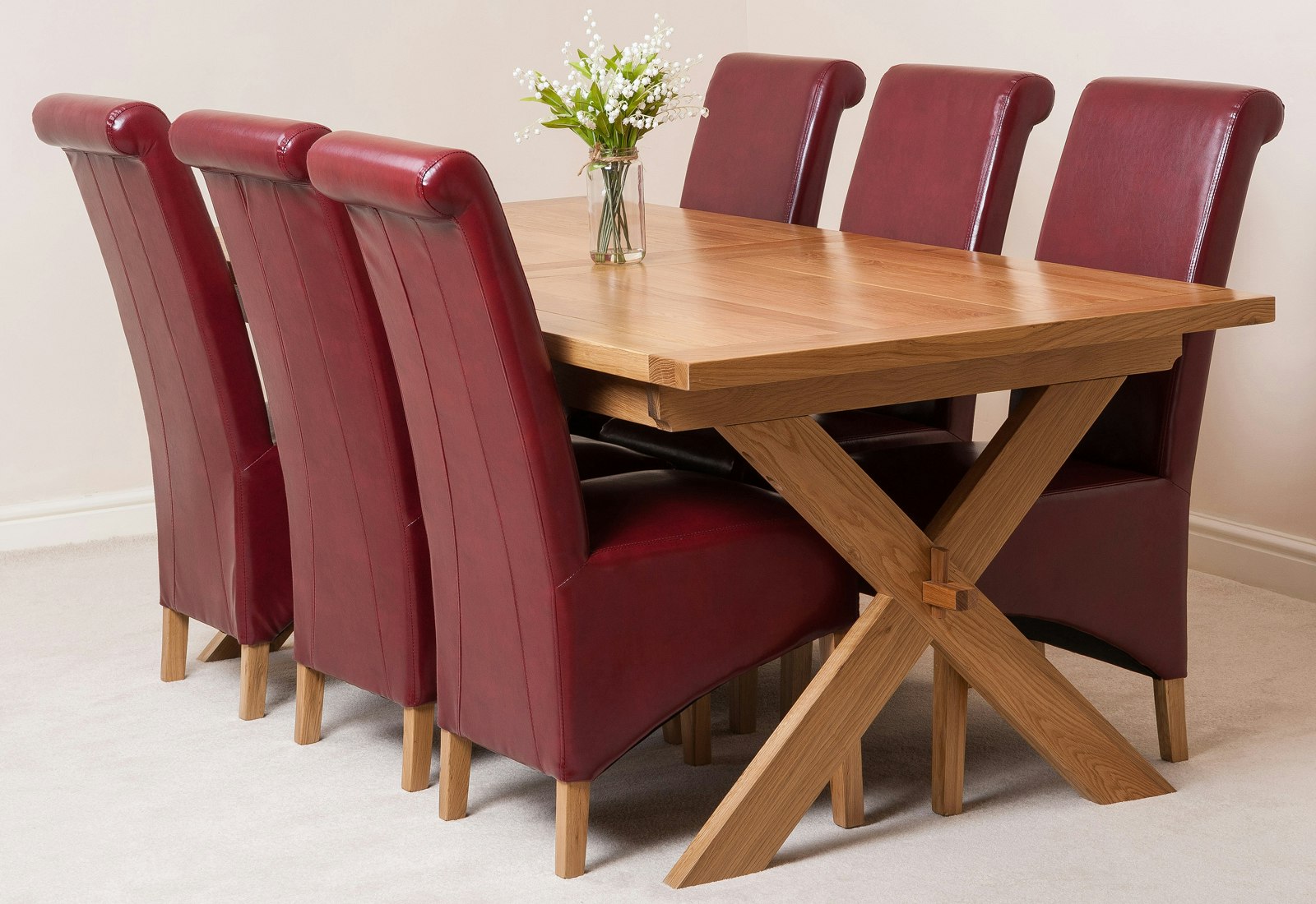 That's Furniture Burgundy Vermont Cross Leg Oak Extending Dining Table With Montana Leather Chairs - 6 Chairs