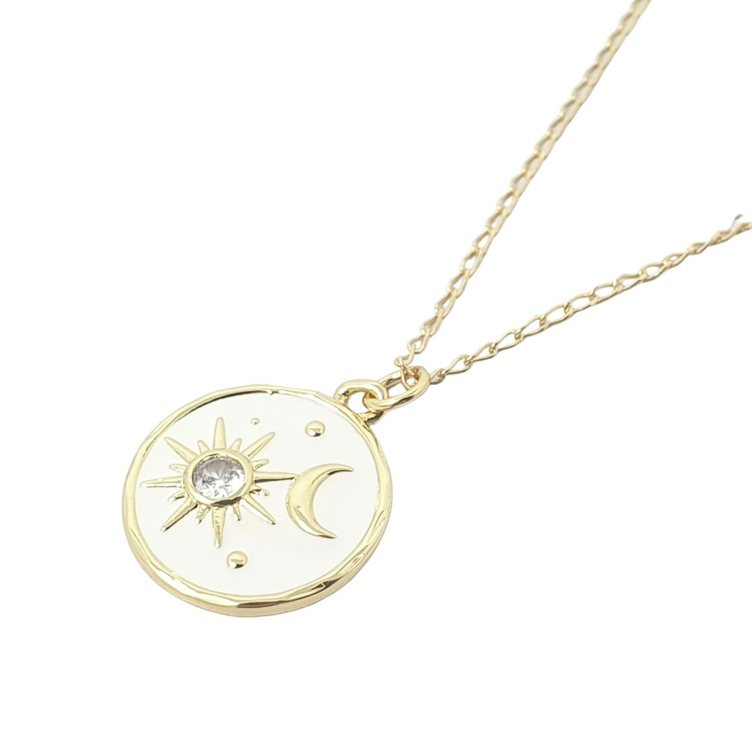 Harfi White Enamel Celestial Sun Moon Round Charm Necklace