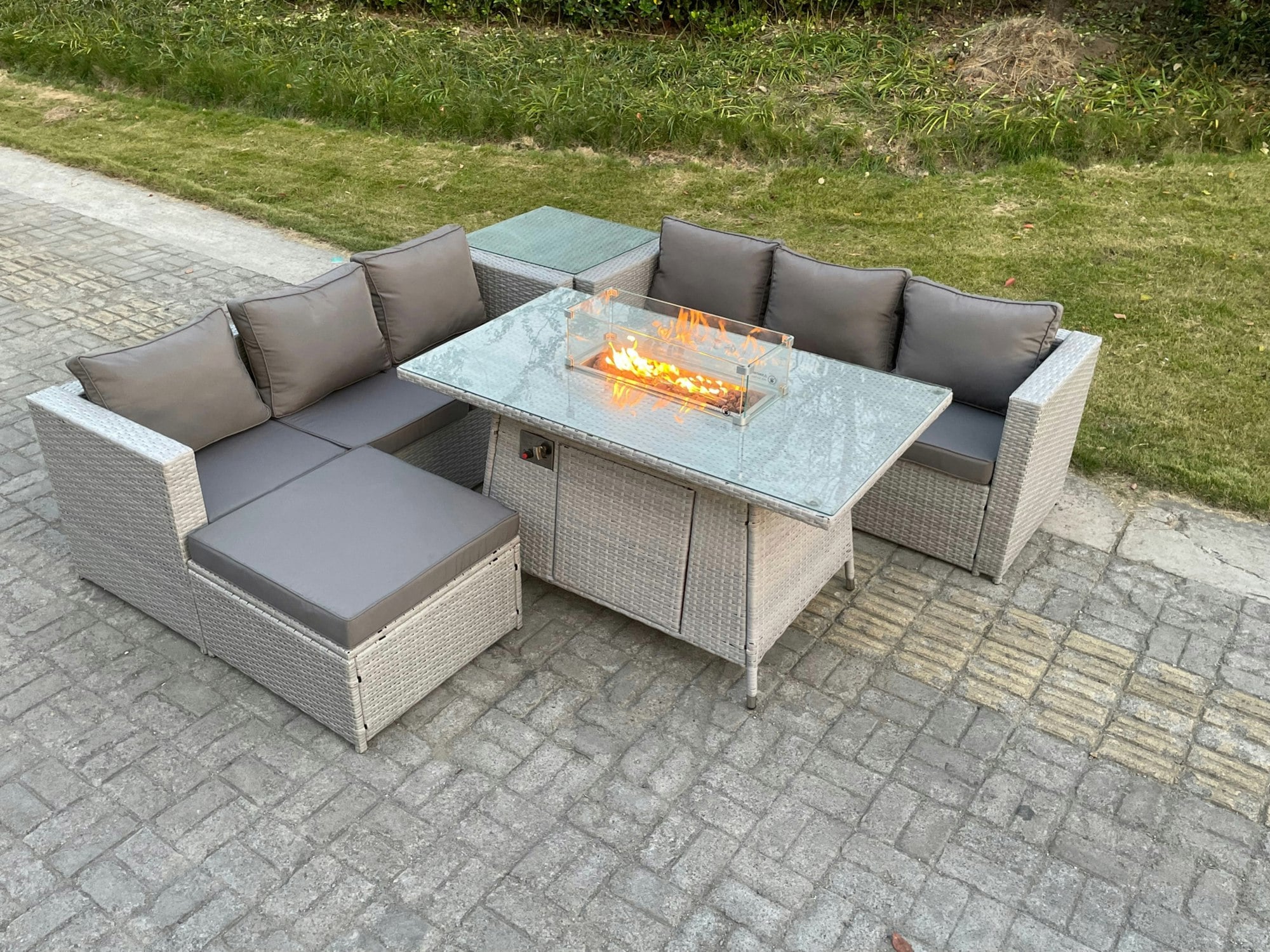 Rackhams Light/Grey Corner Rattan Fire Pit Garden Furniture Set Gas Heater Burner Lounge Sofa With Side Coffee Table Big Footstool