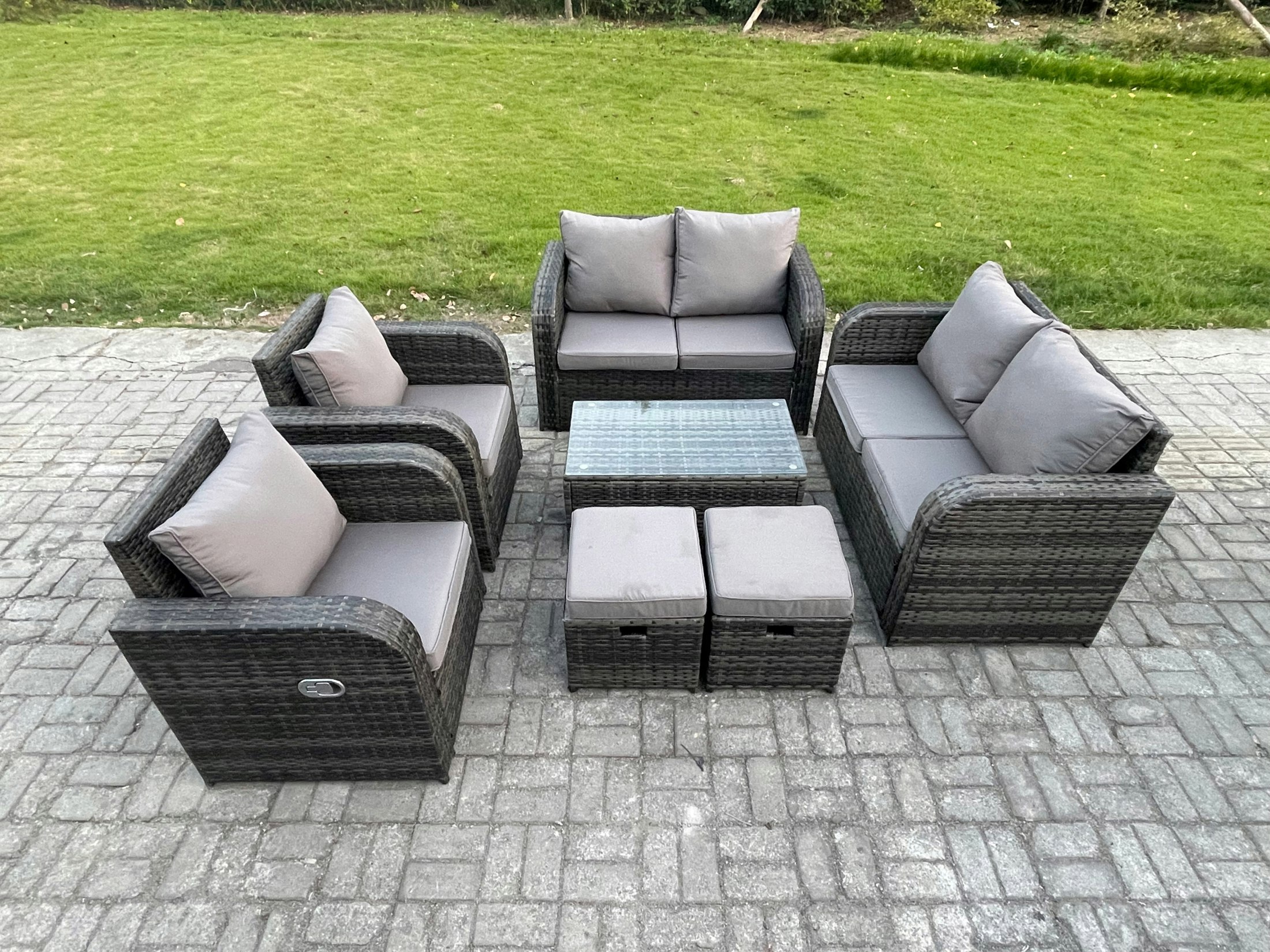 Rackhams Dark/Grey 8 Seater Rattan Garden Furniture Set Patio Outdoor Lounge Sofa Set With Rectangular Coffee Table 2 Small Footstools Love Sofa Mixed