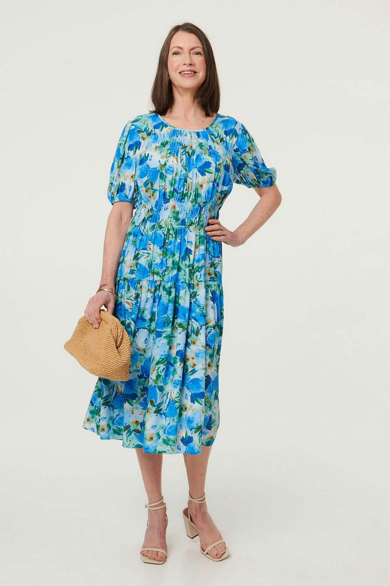 Izabel London Blue Floral Shirred Puff Sleeve Midi Dress - 18