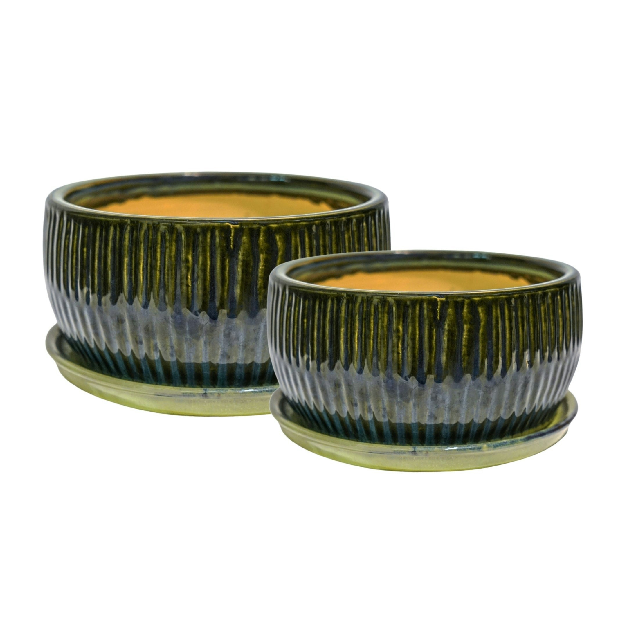 Rackhams Reactive Glaze Round Bonsai Planter Set Of 2 - Emerald