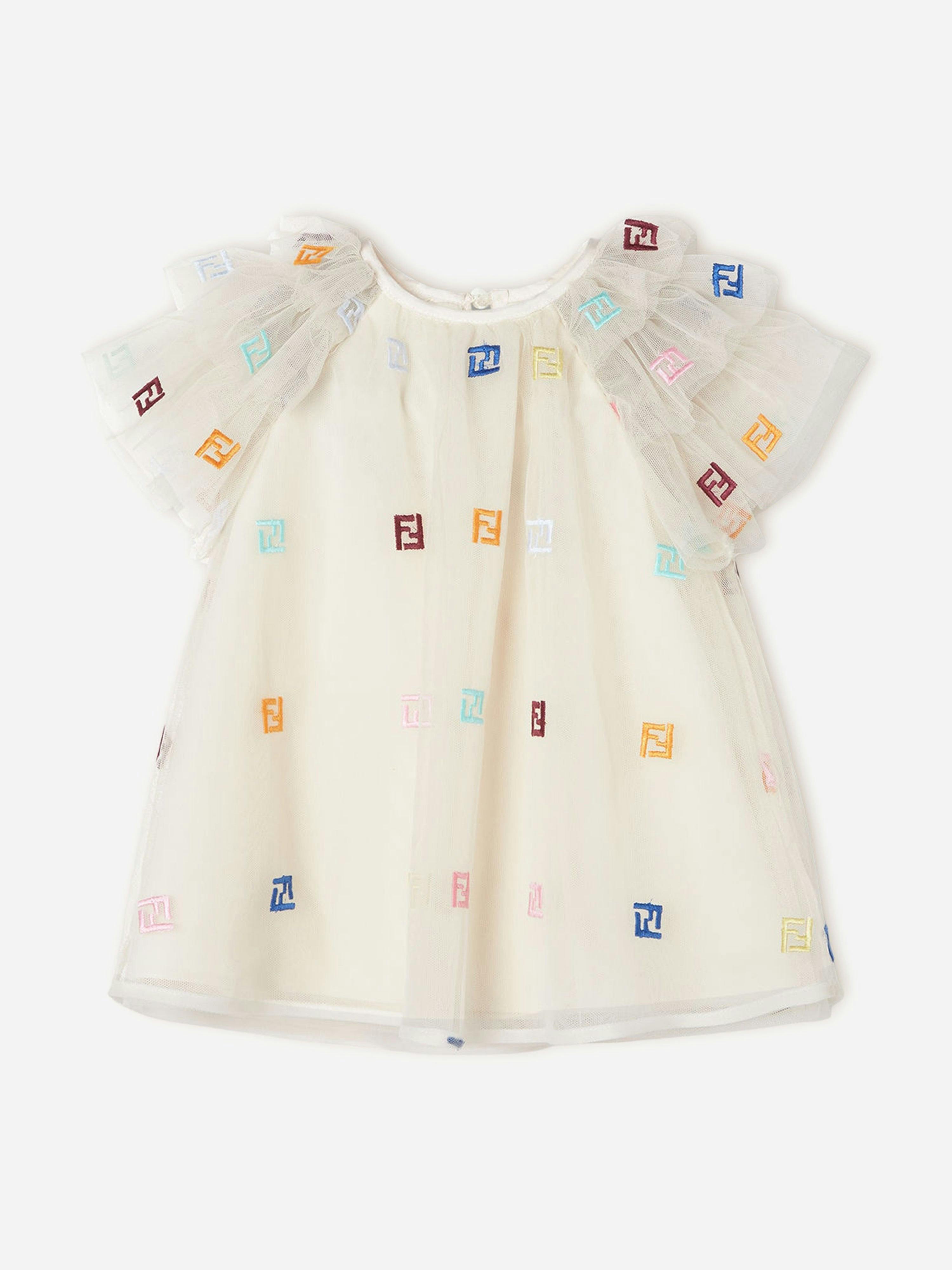 Fendi Kids Girls Beige Fendi Baby Tulle Ff Logo Dress In - 24 Months