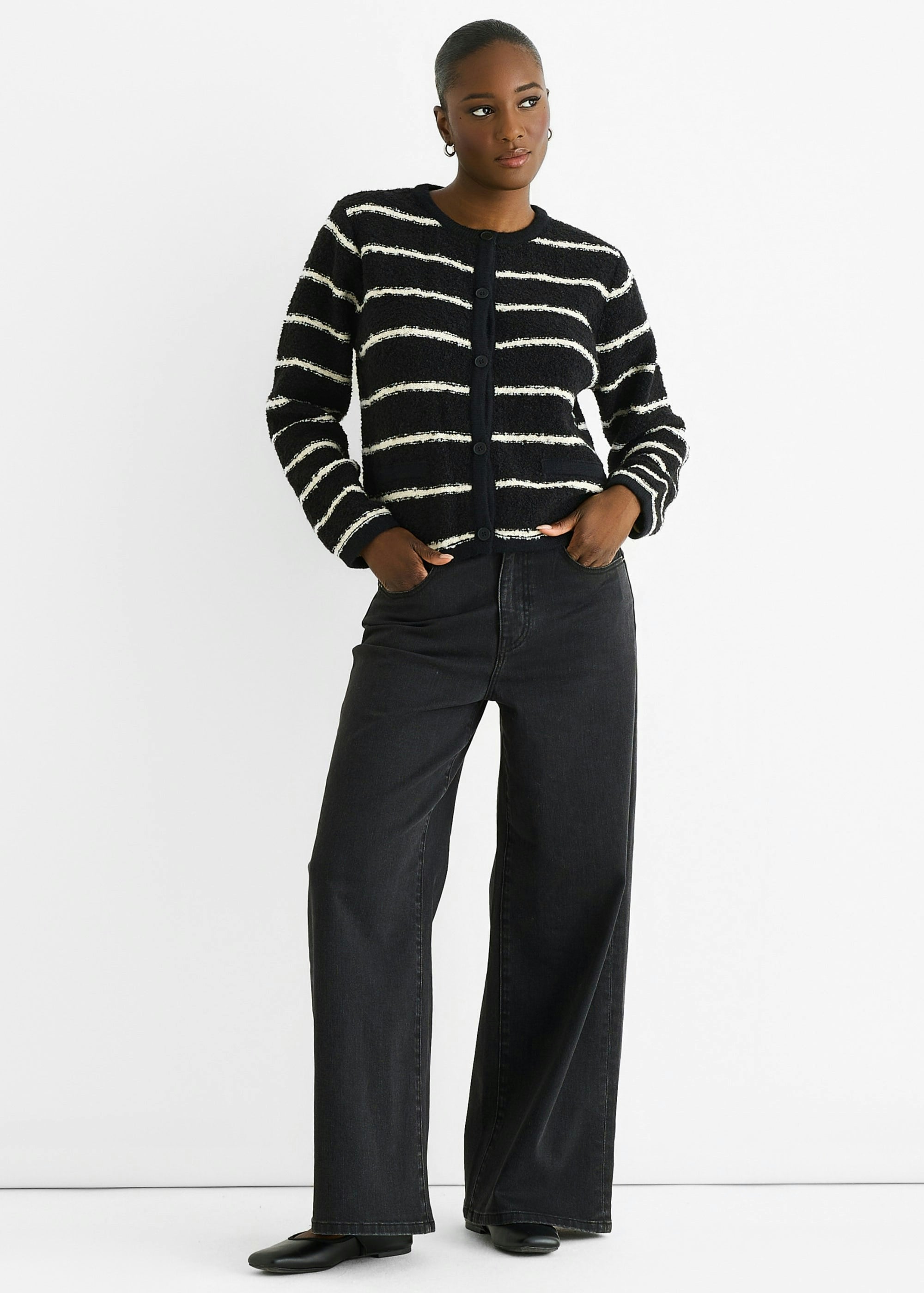 Gini London Women's Black Stripe Military Crop Knit Cardigan | Size: S/M - Image 3