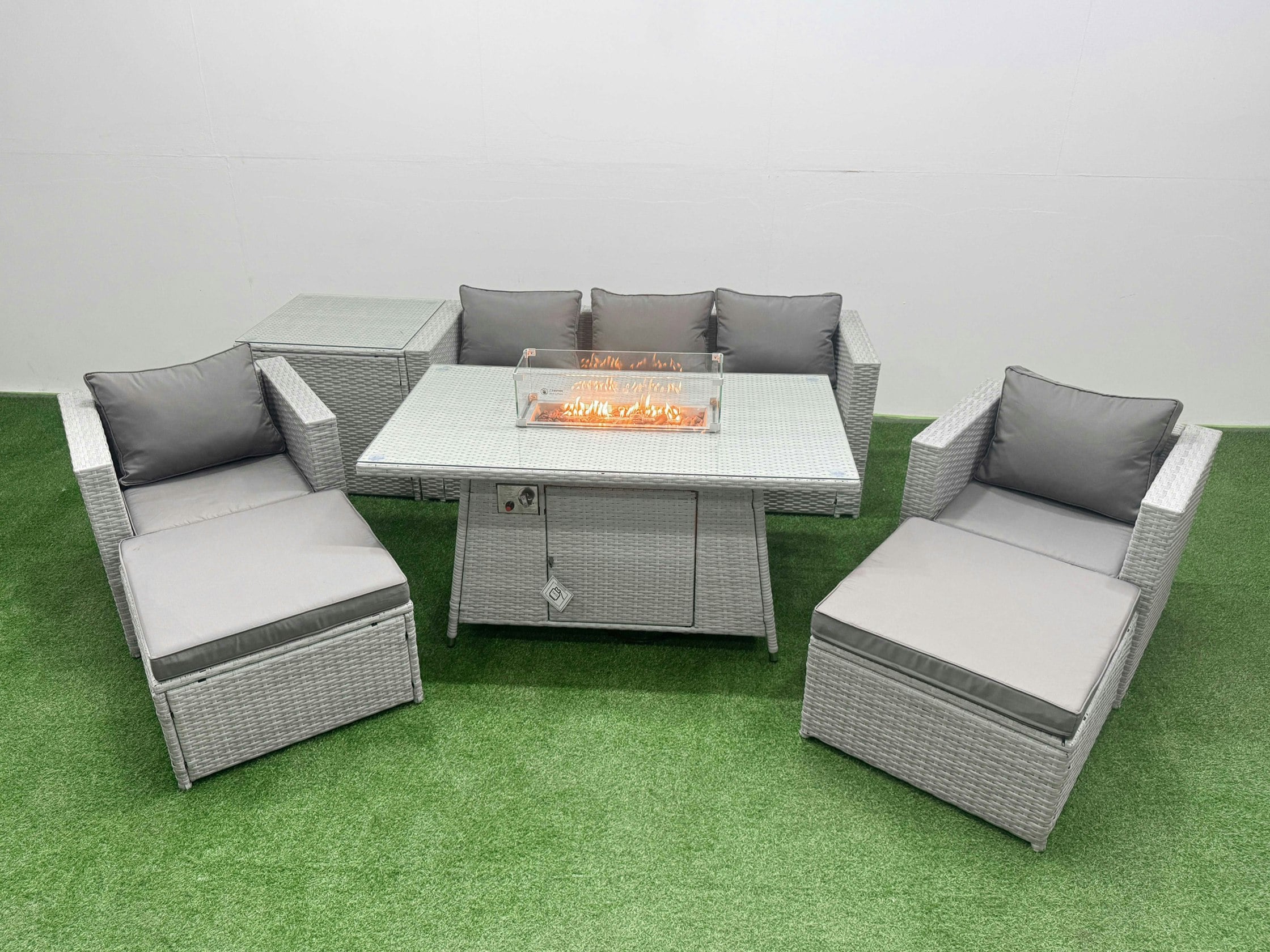 Fimous Light/Grey 7 Seat Pe Rattan Lounge Sofa Set Outdoor Garden Furniture Set With Fire Pit Dining Table 3 Seater Sofa 2 Big Footstools Side Table