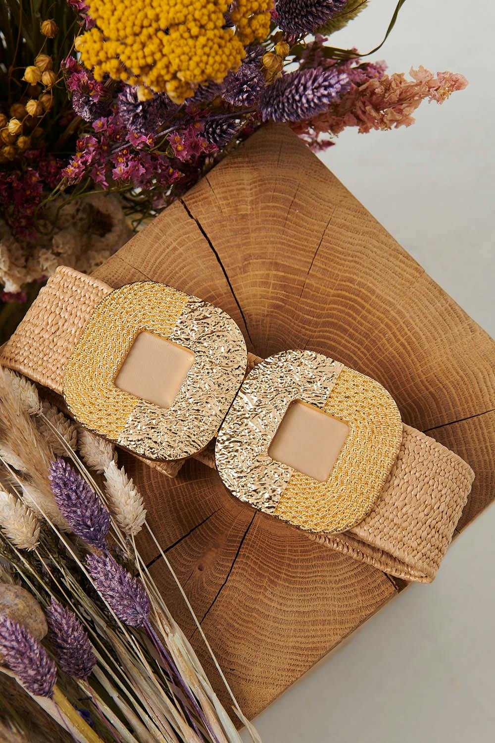 Izabel London Beige Metallic Texture Wide Statement Belt - One