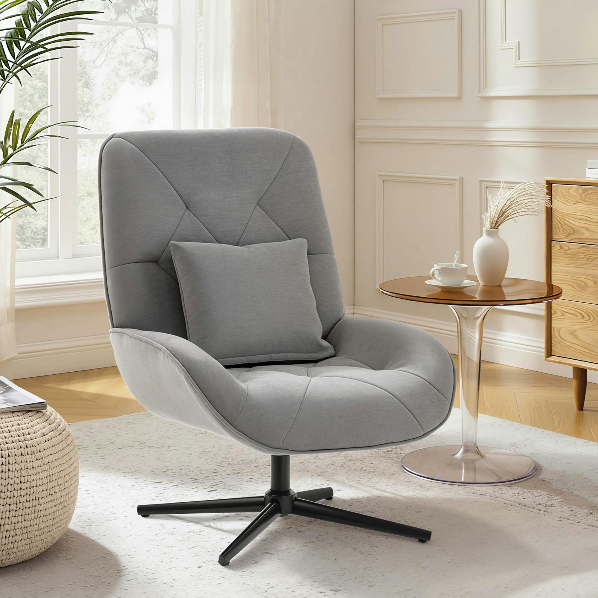 Rackhams Grey Swivel Accent Chair, Chenille Armchair With Lumbar Pillow - Accent Chair