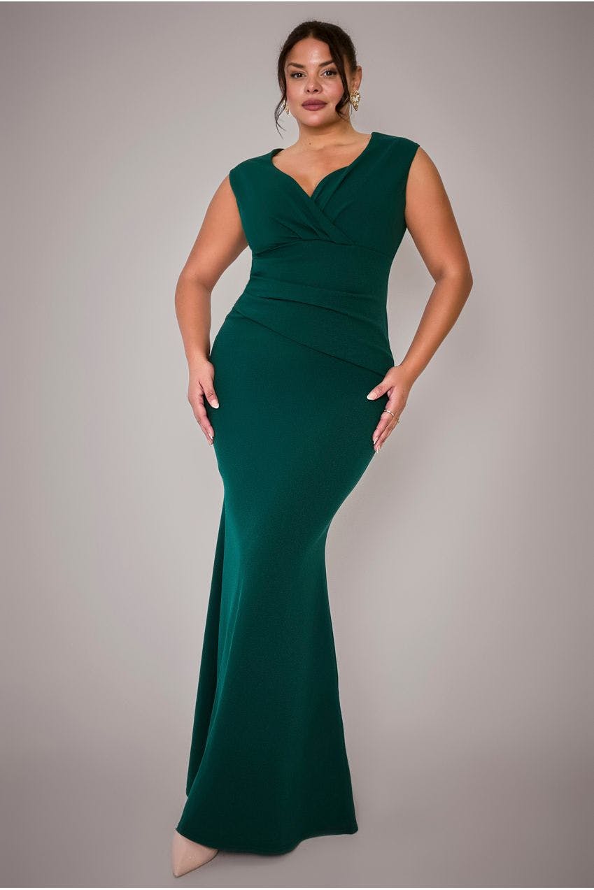 Goddiva Plus Green Bardot Pleated Maxi Dress - Emerald By - Emerald - 18