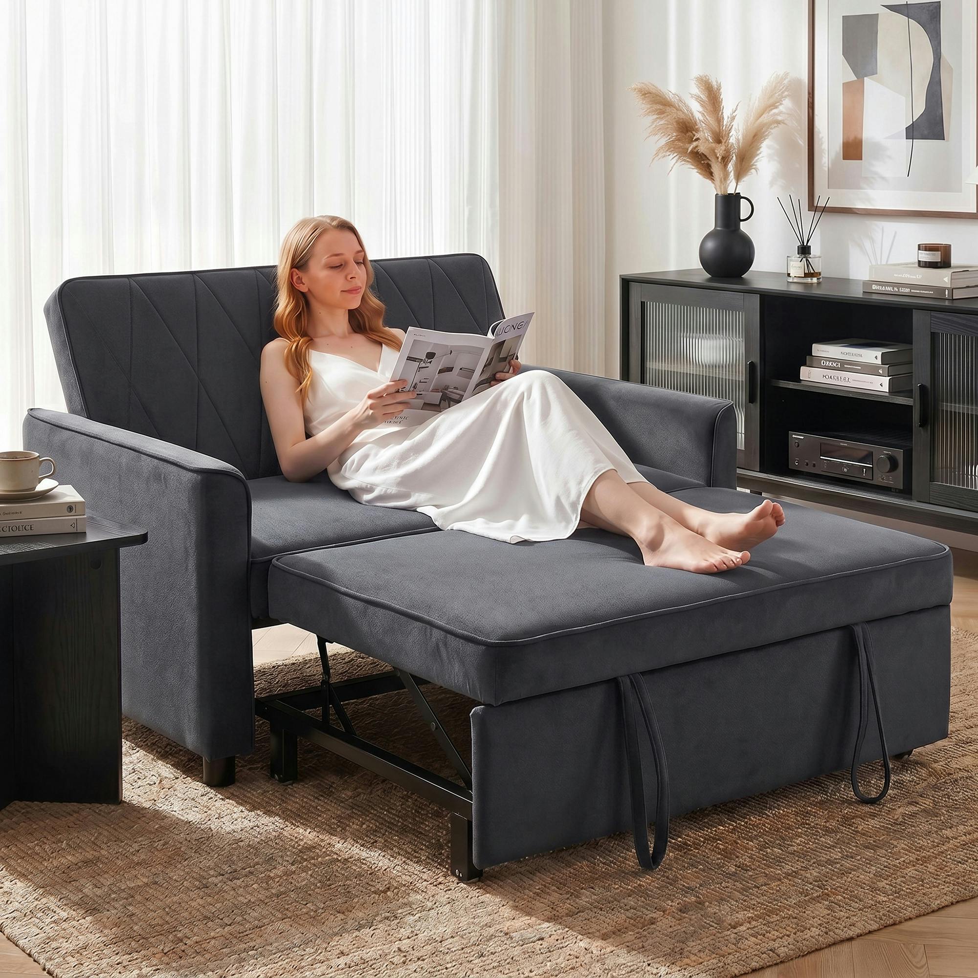 Rackhams Dark/Grey 2 Seater Sofa Bed, 3-In-1 Velvet Pull Out Sleeper Sofa,