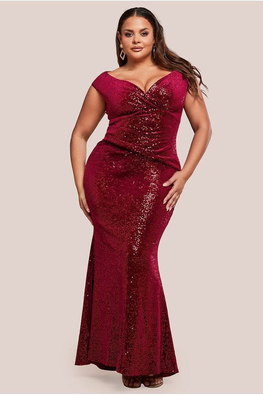 Goddiva Plus Sequin & Velvet Bardot Maxi Dress - Wine By - Wine - 24