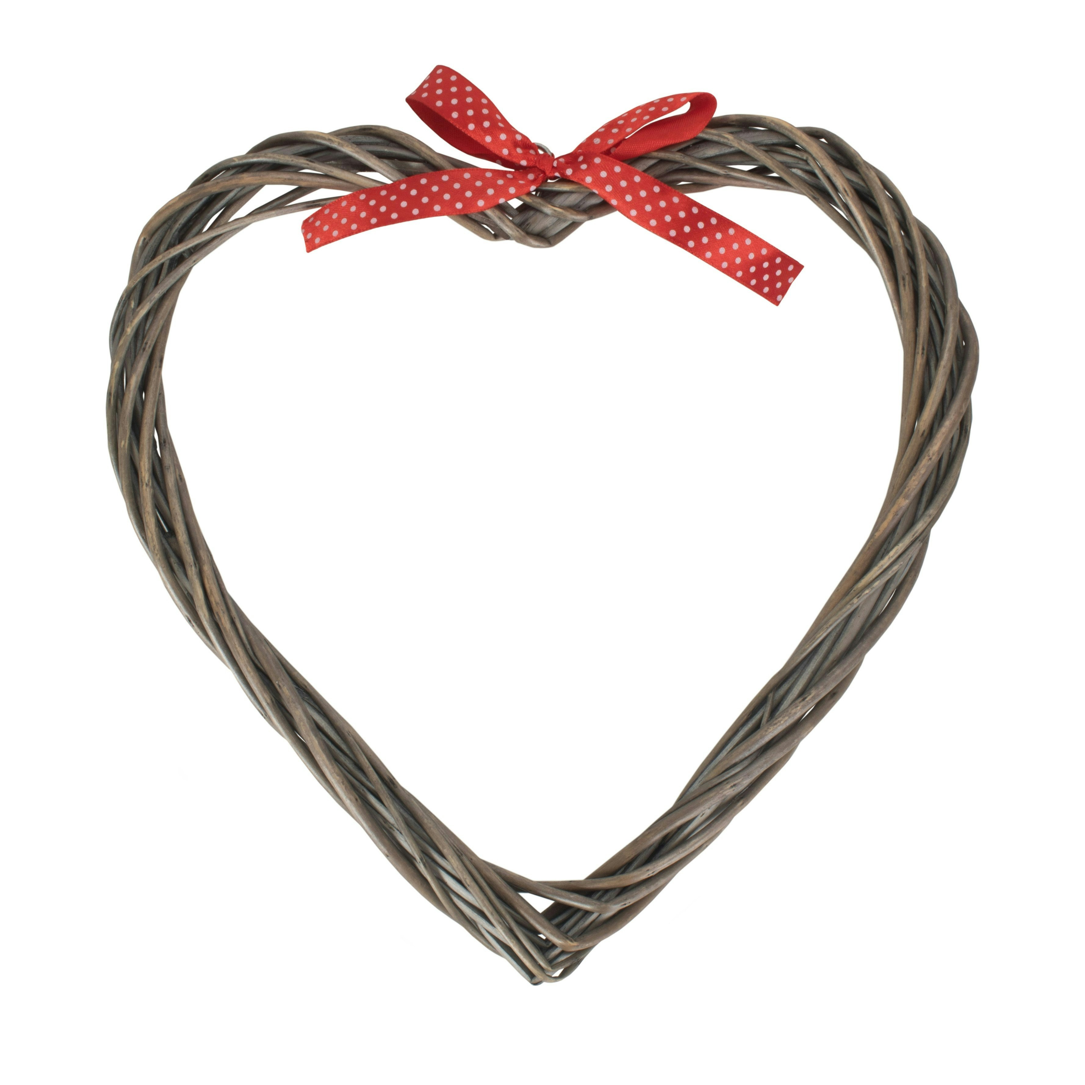 Rackhams Red Wicker Slim Heart Wreath With Spotty Ribbon - Slim