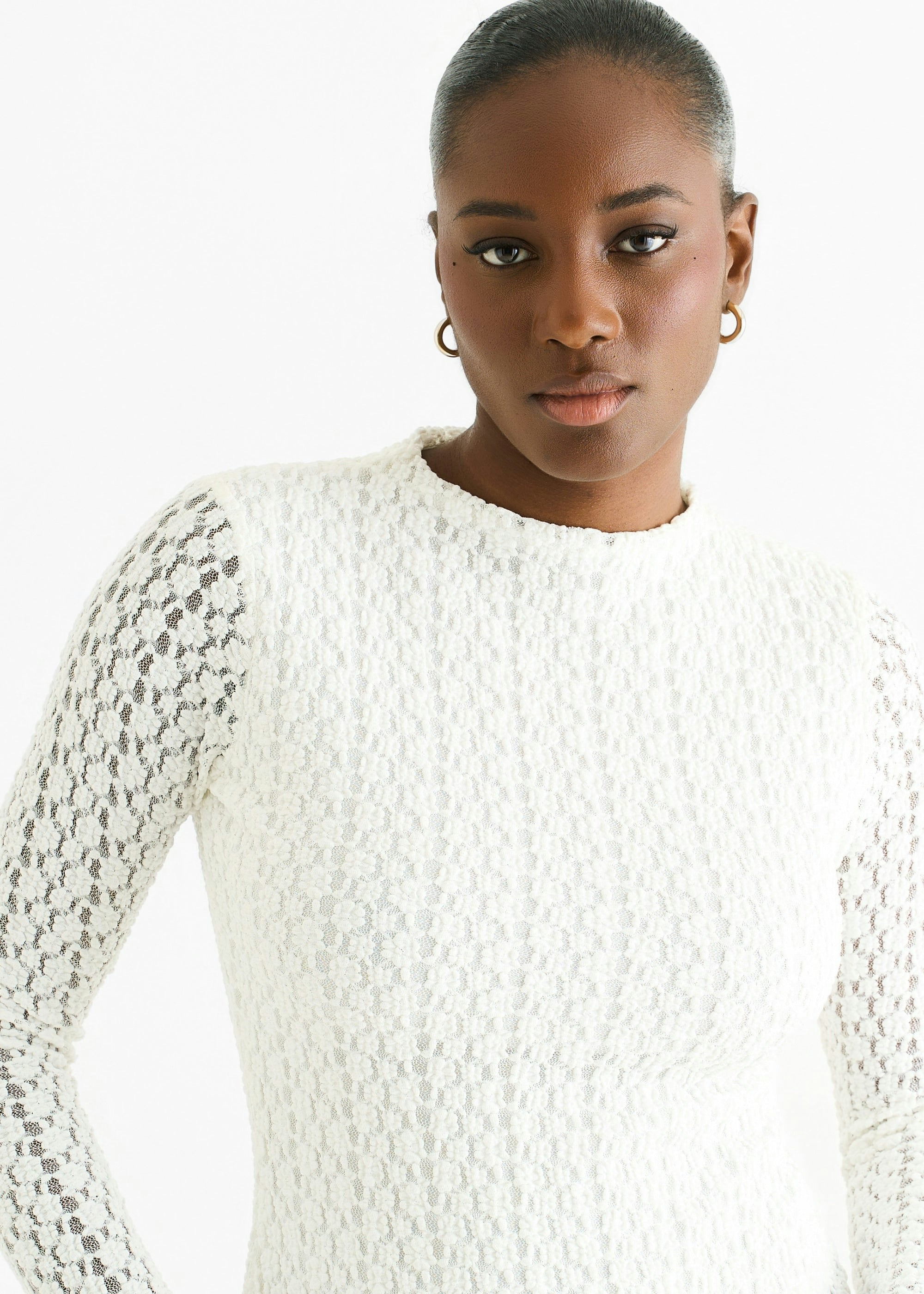 Gini London White High Neck Jersey Lace Long Sleeves Top - Uk 10 / Us 6 / Eu 38