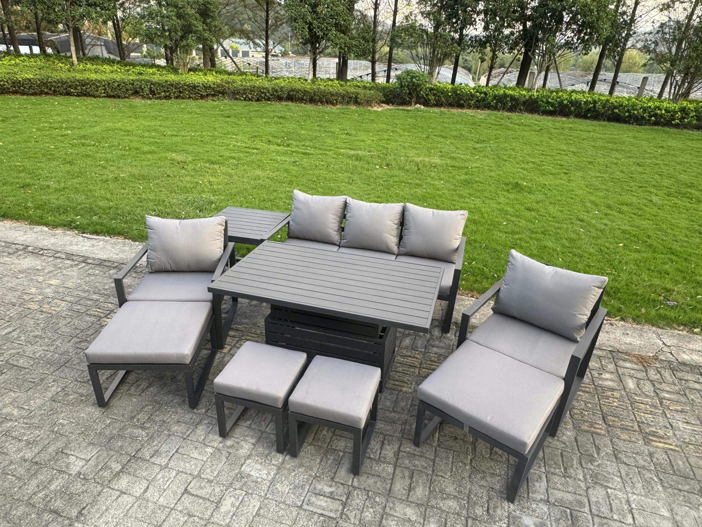 Rackhams Grey 9 Seater Aluminium Garden Furniture Set With Adjustable Rising Dining Table, 2 Chairs, 4 Footstools, Side Table