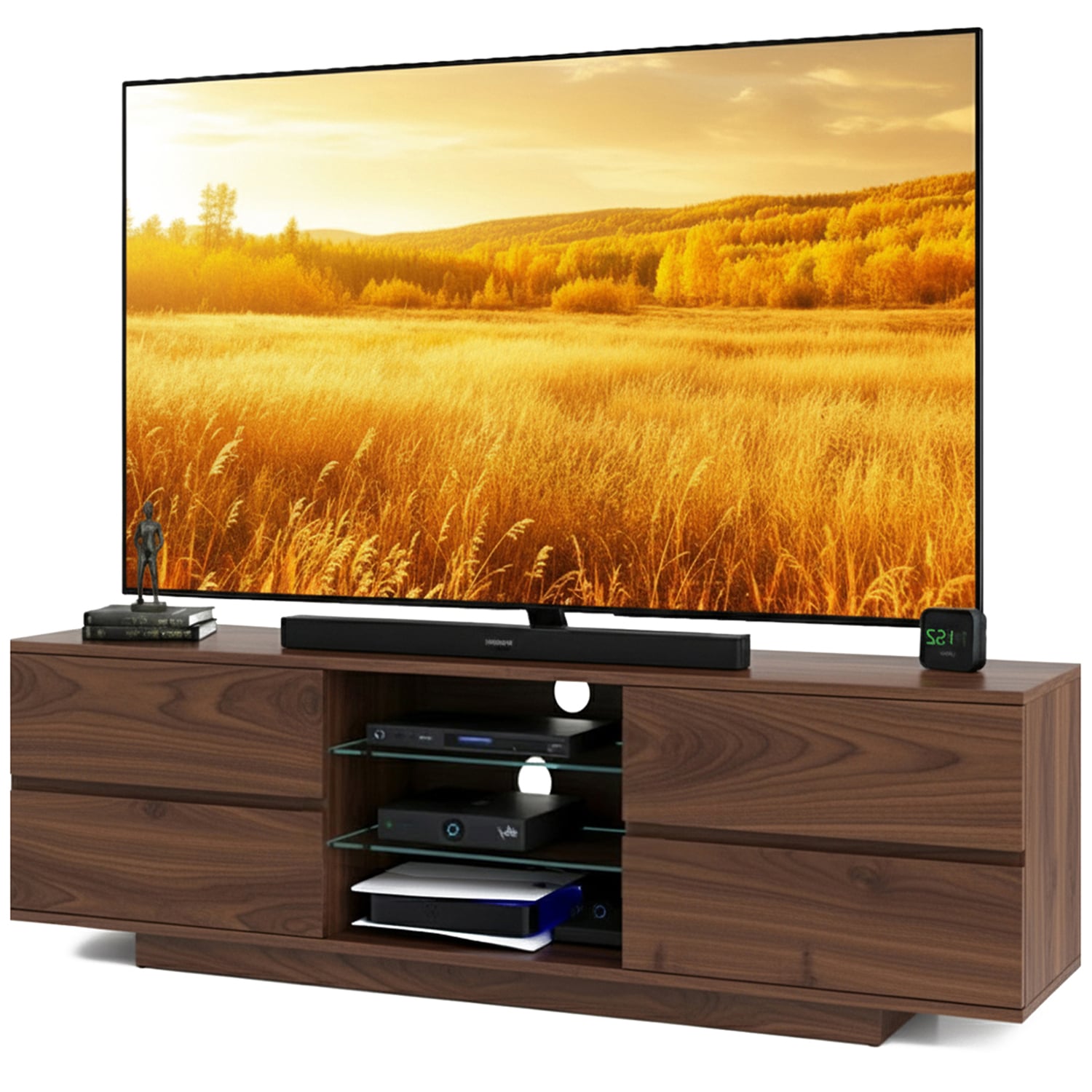 Homeology Avitus Premium Walnut With 4-Walnut Drawers And 3-Shelf 32"-65" Led/Oled/Lcd Tv Cabinet
