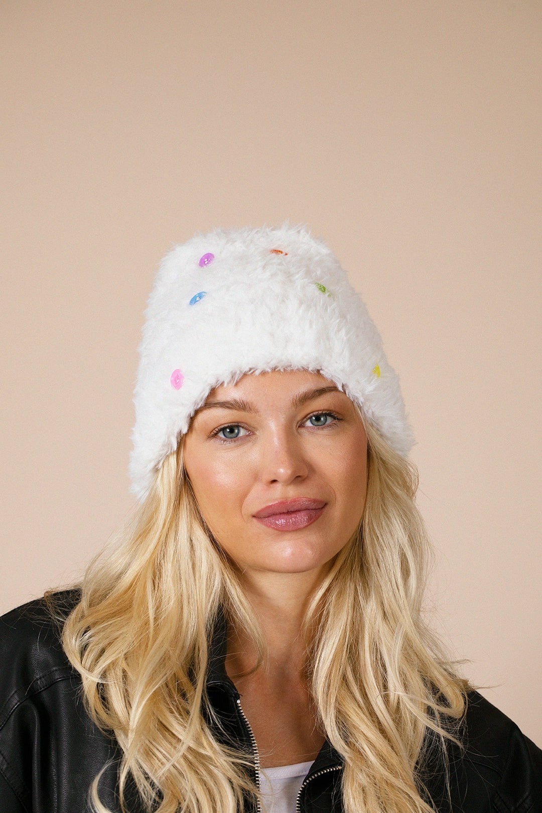 Svnx White Fluffy Beanie Colourful Buttons In Off - One Size