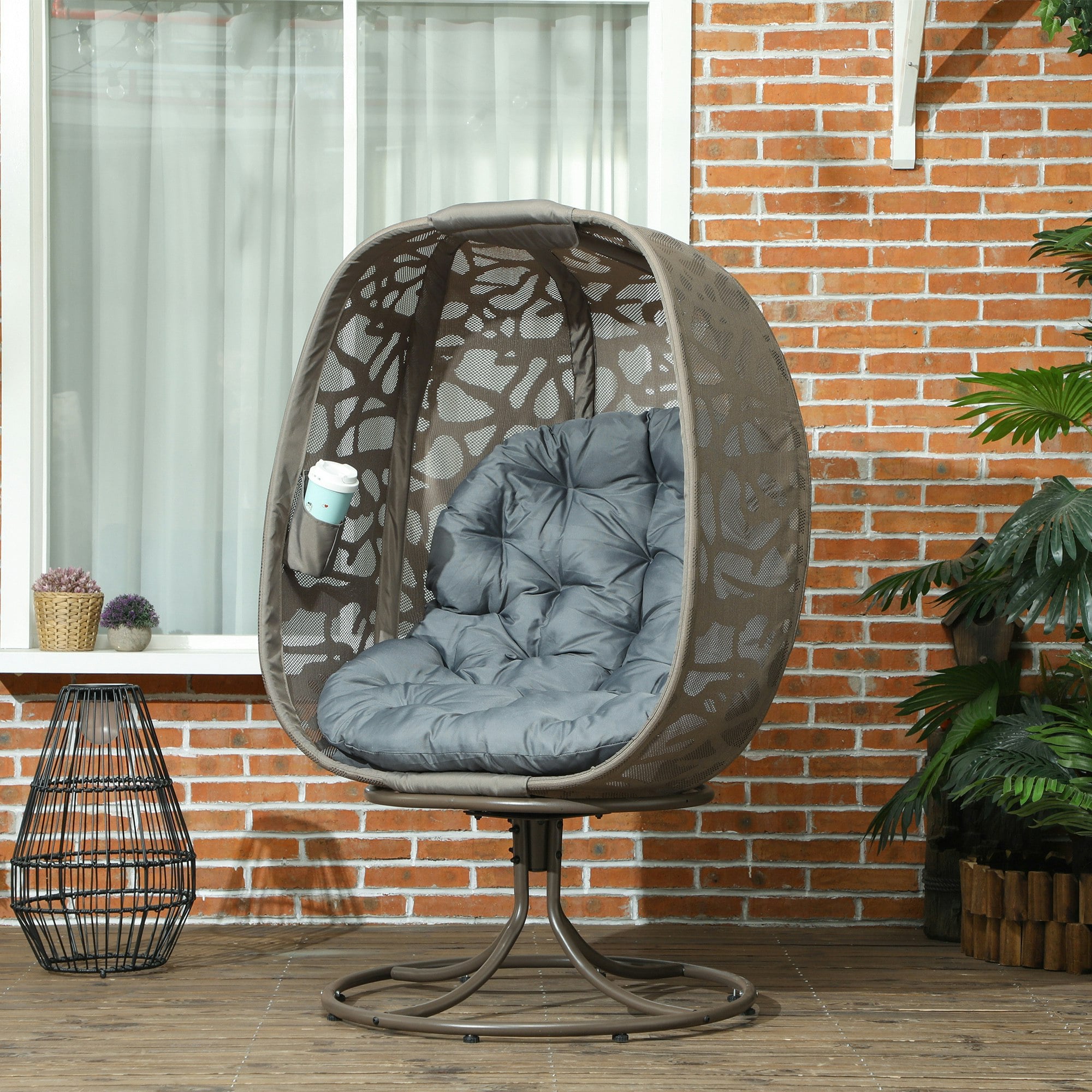Outsunny Grey Foldable Egg Chair With Cushions, Indoor Outdoor Swivel Lounger,
