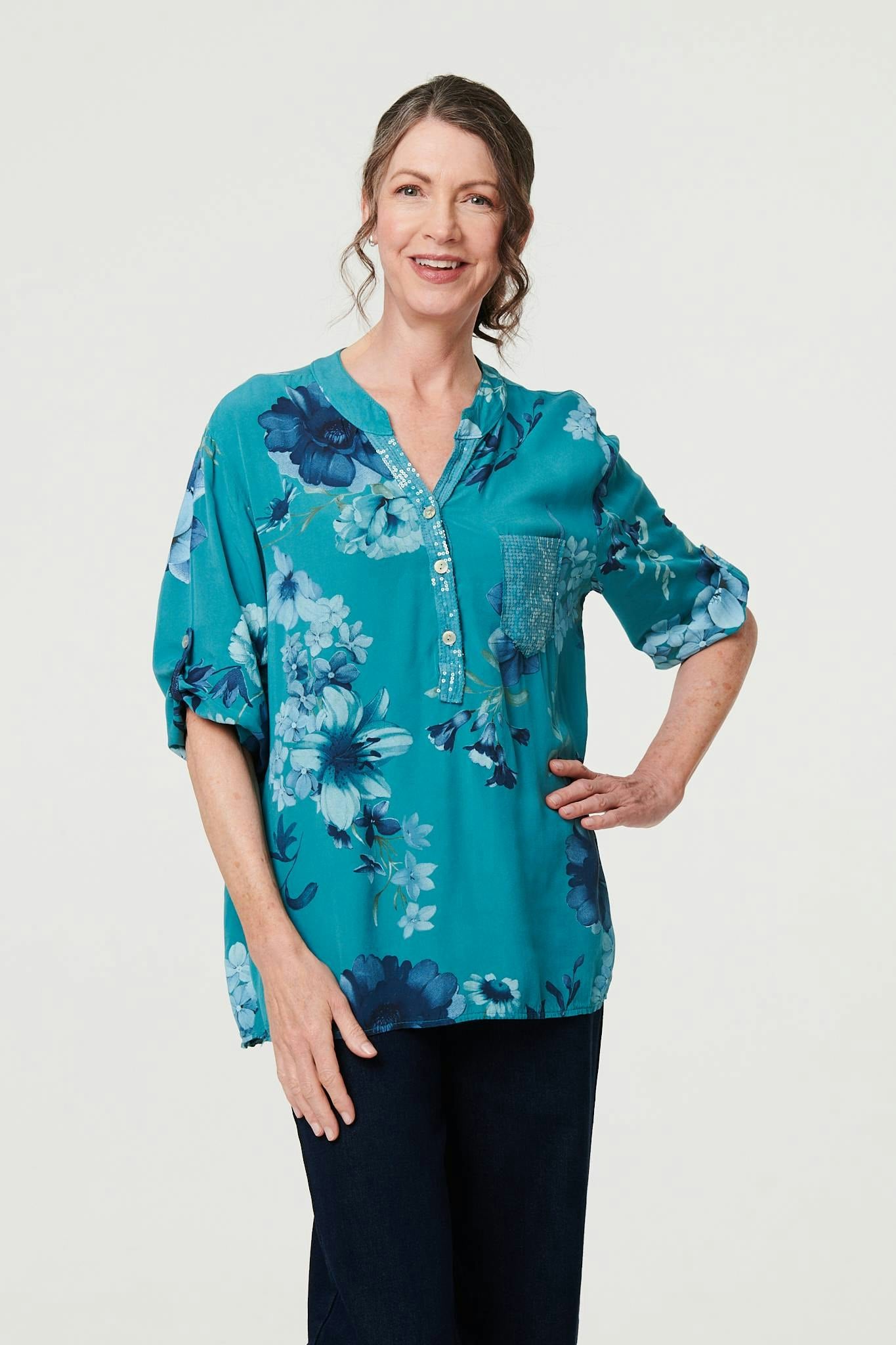 Izabel London Blue Floral Sequin Detail 3/4 Sleeve Blouse - 12