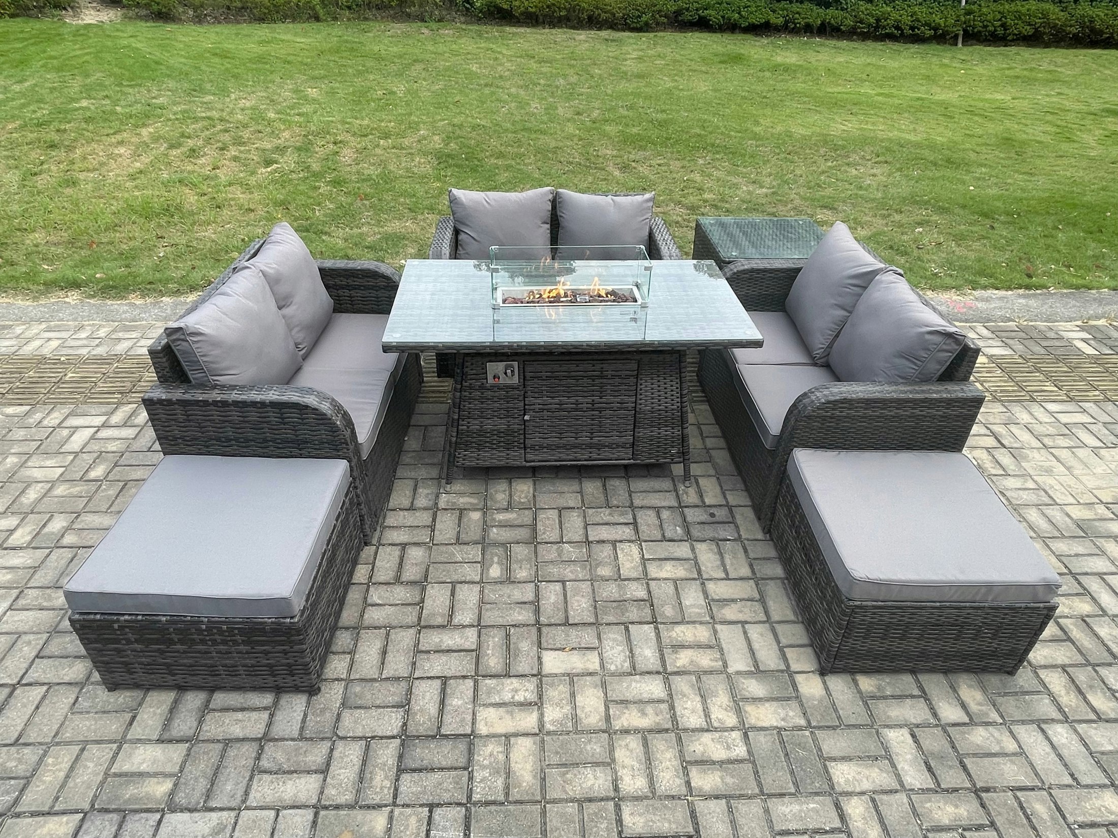Rackhams Dark/Grey Rattan Outdoor Garden Furniture Sofa Set Gas Fire Pit Dining Table Gas Heater With Side Table Love Sofa 2 Big Footstool Mixed