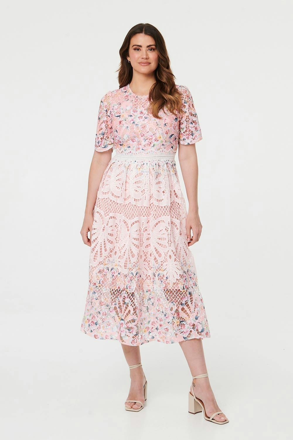 Izabel London Pink Floral Mesh Layer 1/2 Sleeve Midi Dress - 16