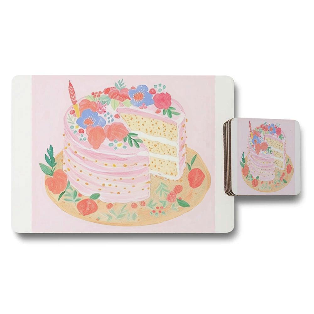 Benjamin Tate Design Light/Pink Pastel Floral Cake Placemats And Coaster Set For Table Decor