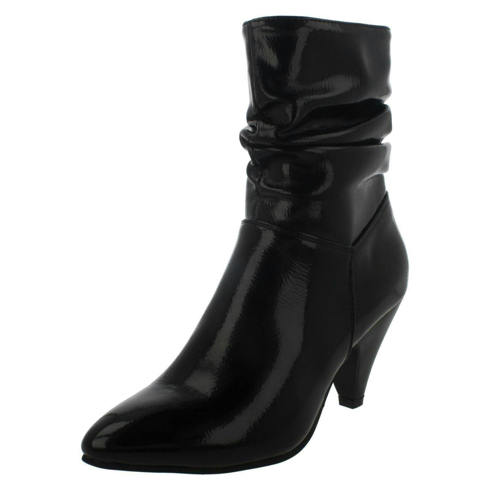 Spot On Women's Black Mid Heel Rouched Ankle Boots F50897 - Patent - Uk 7