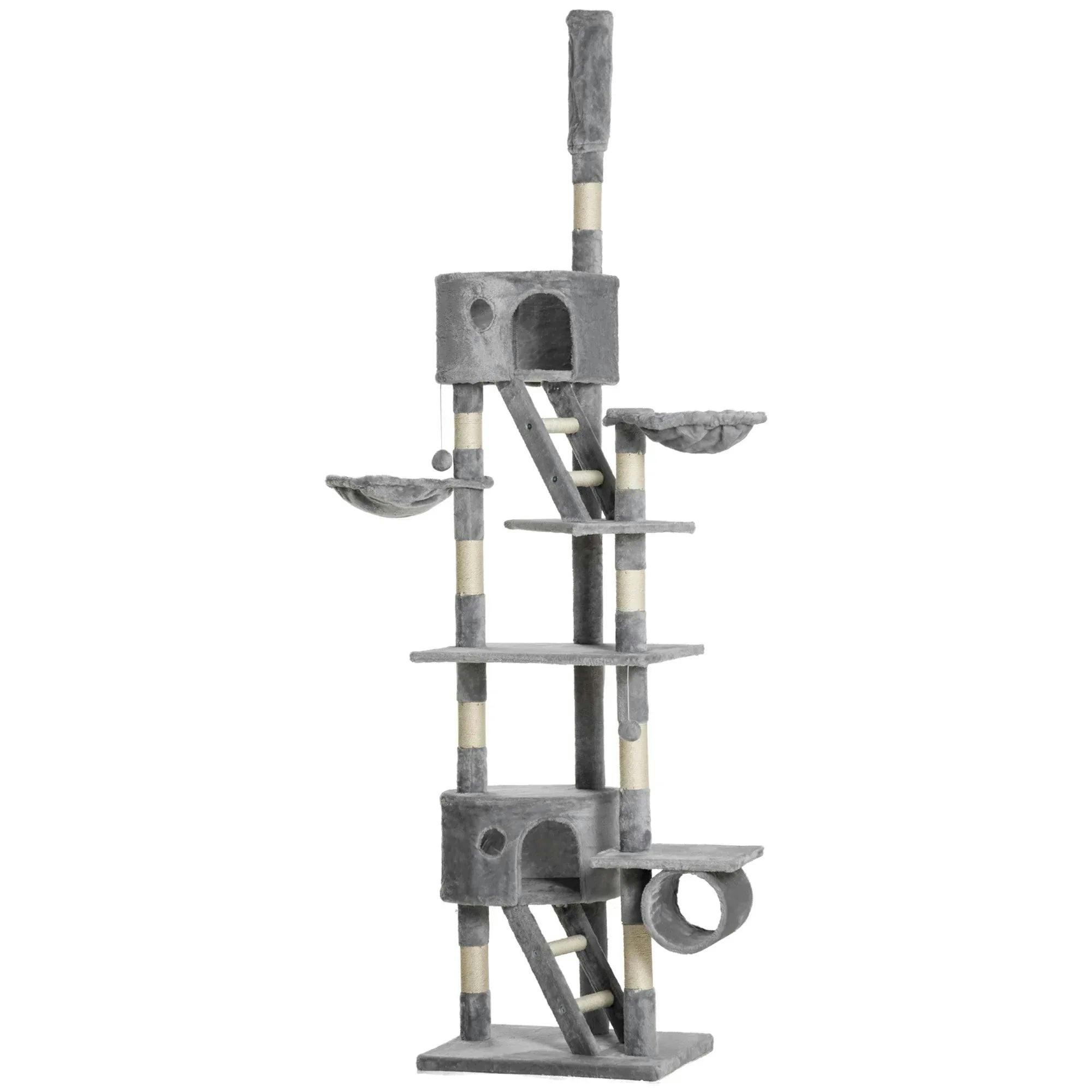 PAWHUT 240-260cm Floor to Ceiling Cat Tree with Scratching Posts in Light Grey - Image 6