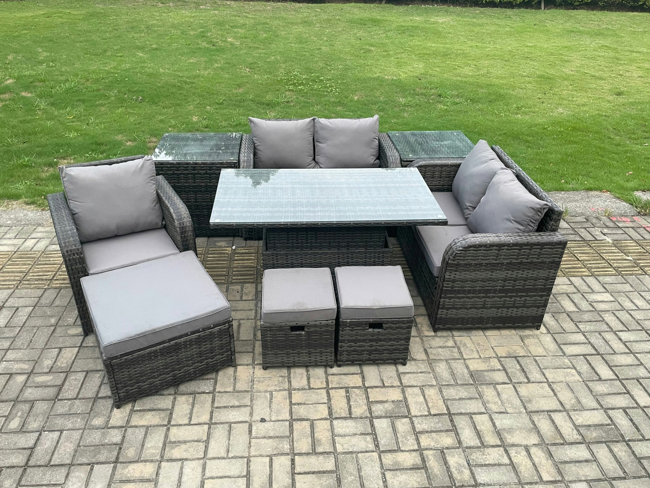 Fimous Dark/Grey 8 Seater Rattan Furniture Garden Dining Set Outdoor Height Adjustable Rising Lifting Table Love Sofa Chair With 2 Side Tables 3 Footstools