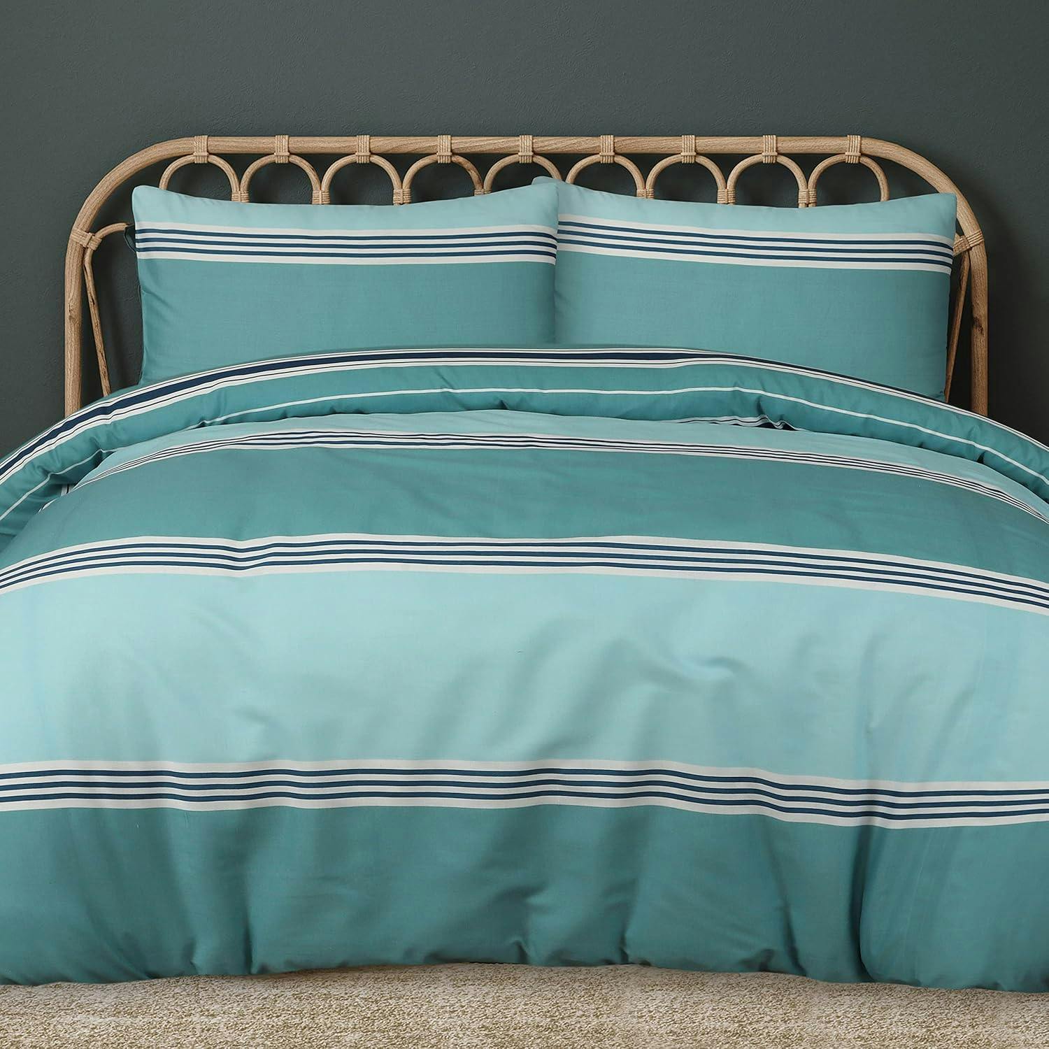 Rackhams Banded Stripe Duvet Cover With Pillowcases - Teal - Single (135Cm X 200Cm)