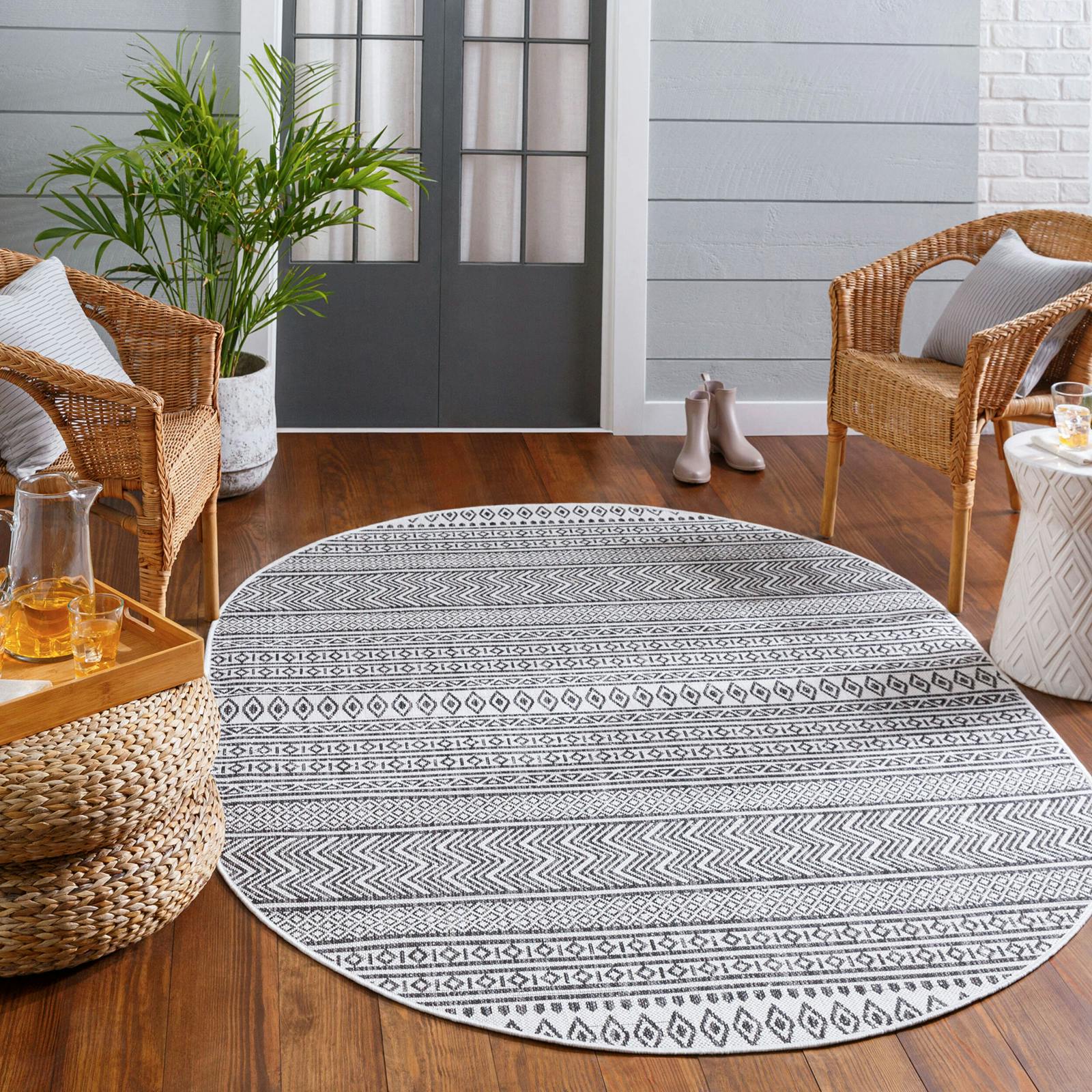 Photos - Area Rug Rackhams Eagean-Geometric Black White In- & Outdoor Rug - 160 x 220 cm